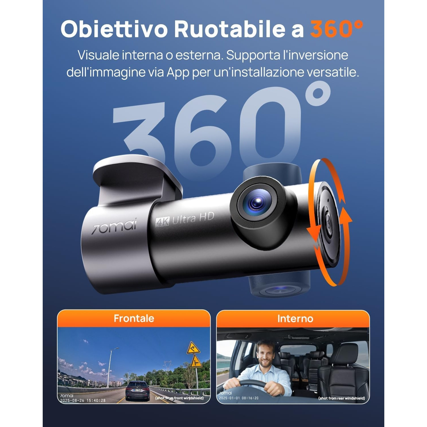 Dashcam a 360 gradi risoluzione 4K Ultra HD, mostra viste interne ed esterne.