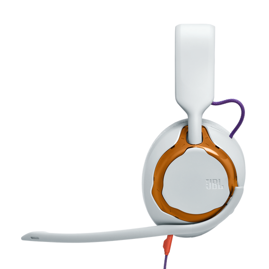 Białe słuchawki z pomarańczowymi akcentami i mikrofonem, logo JBL.