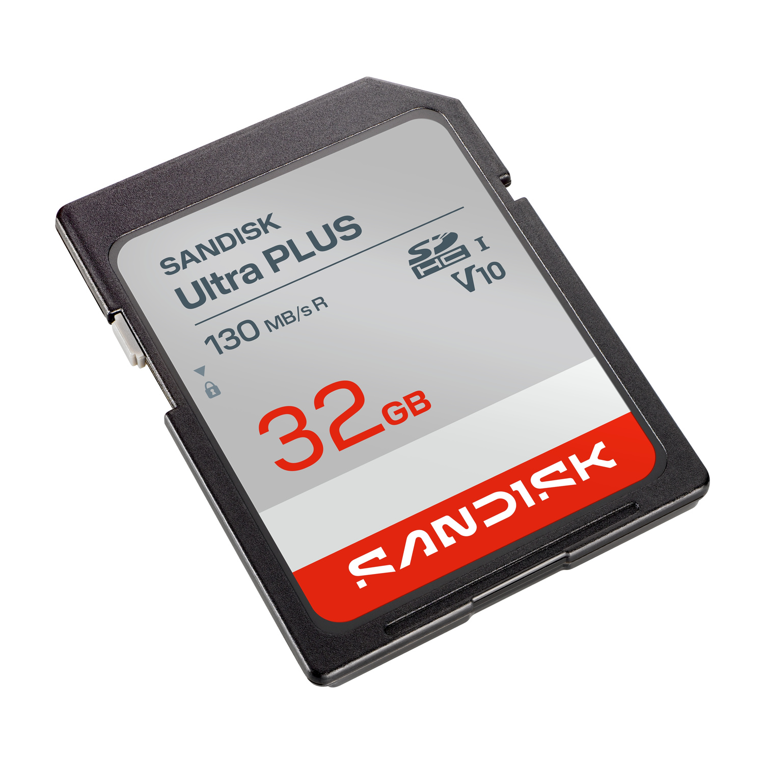 Una scheda SD SanDisk Ultra PLUS da 32GB nera con scritte rosse.