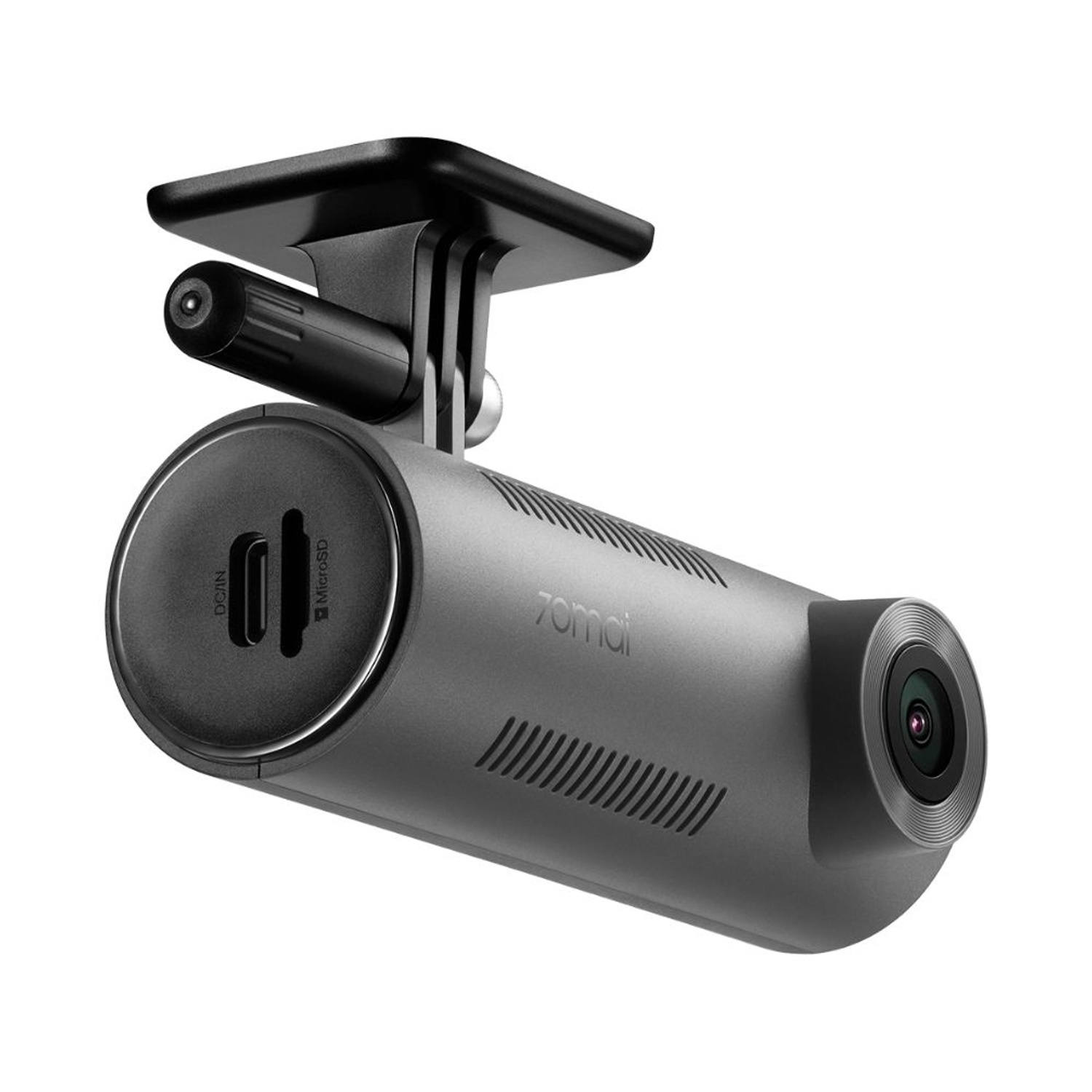 Dashcam 70mai grigia con porte DC/IN e MicroSD, su sfondo bianco.