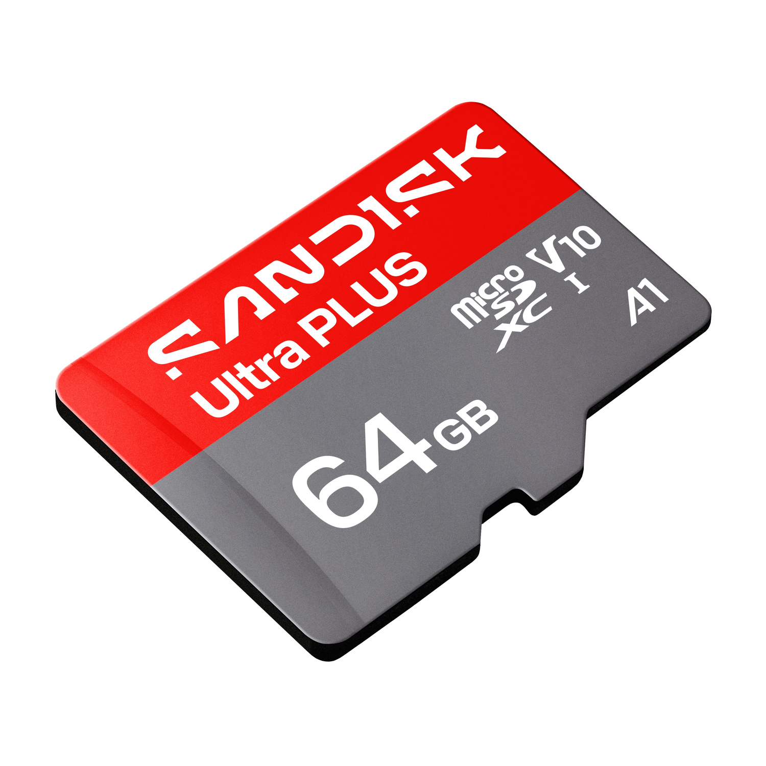 Una scheda microSDXC SanDisk 64GB Ultra Plus rossa e grigia con rating V10 e A1.