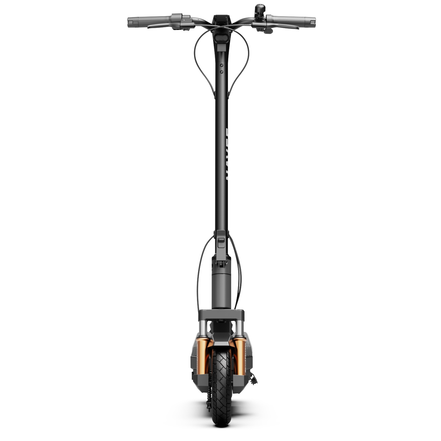 Een zwarte elektrische scooter met gouden schokdempers en een zwart stuur.