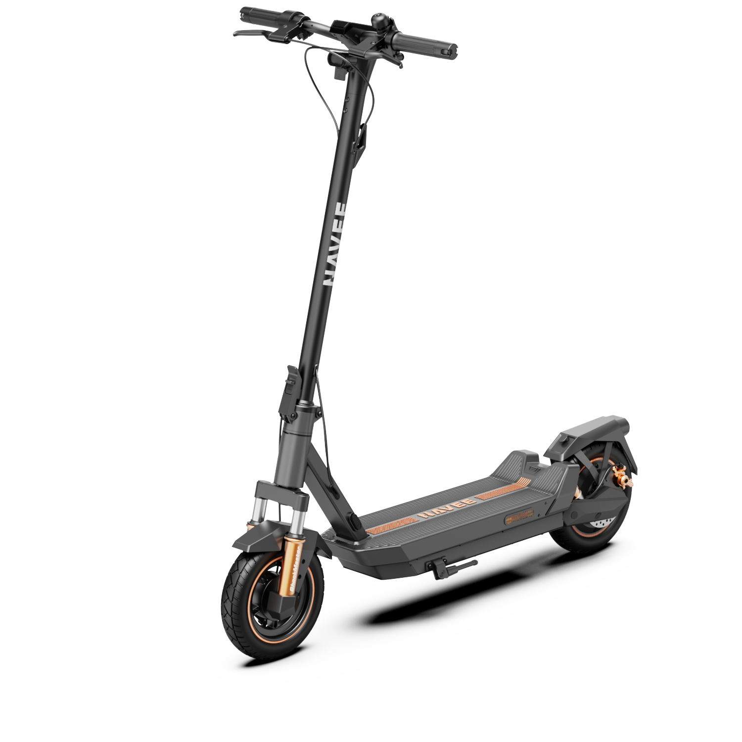 Een grijze elektrische step met oranje accenten staat op witte achtergrond.