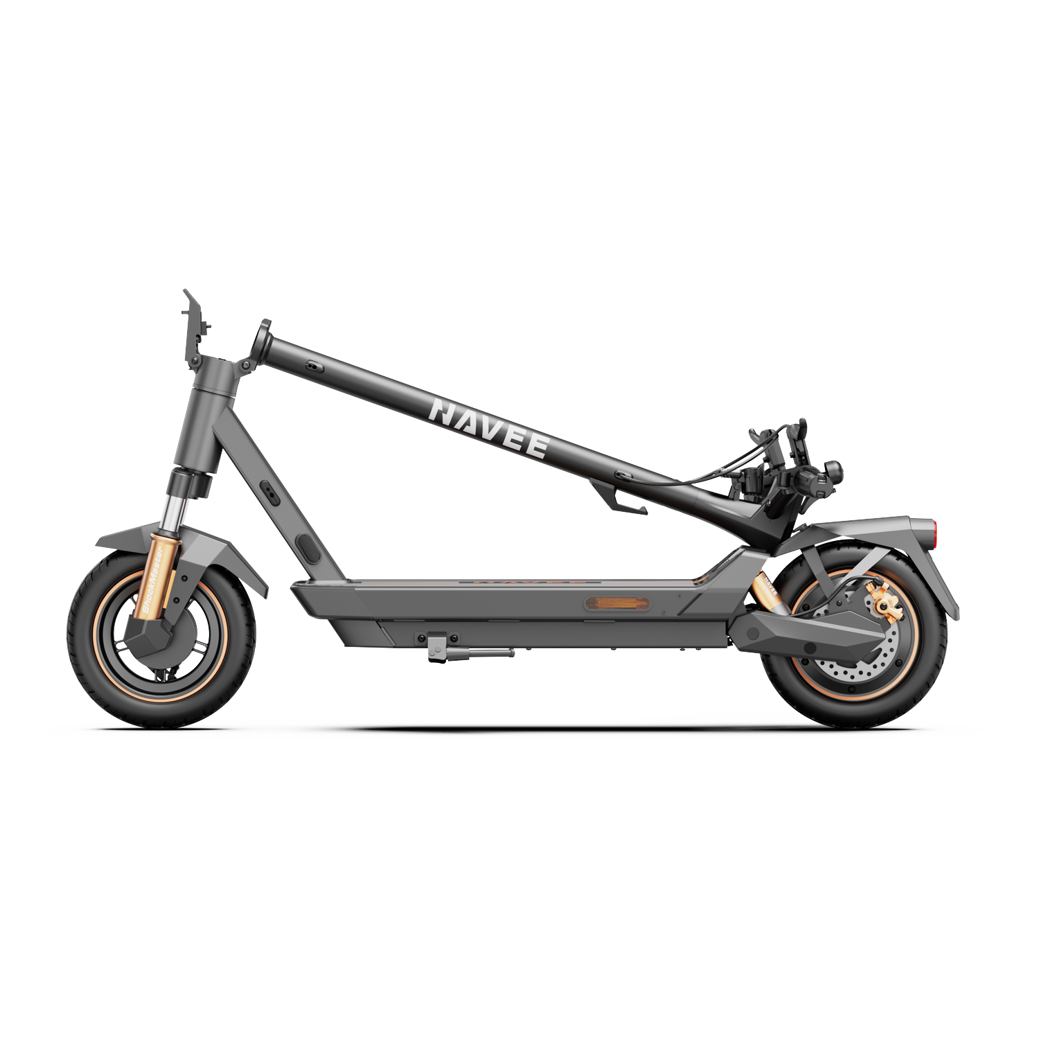 Een grijze NAVE elektrische scooter in profiel op een witte achtergrond.