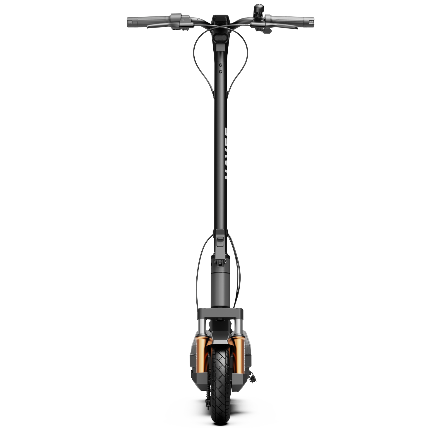 Een zwarte elektrische scooter met verende voorvork en zwart stuur.