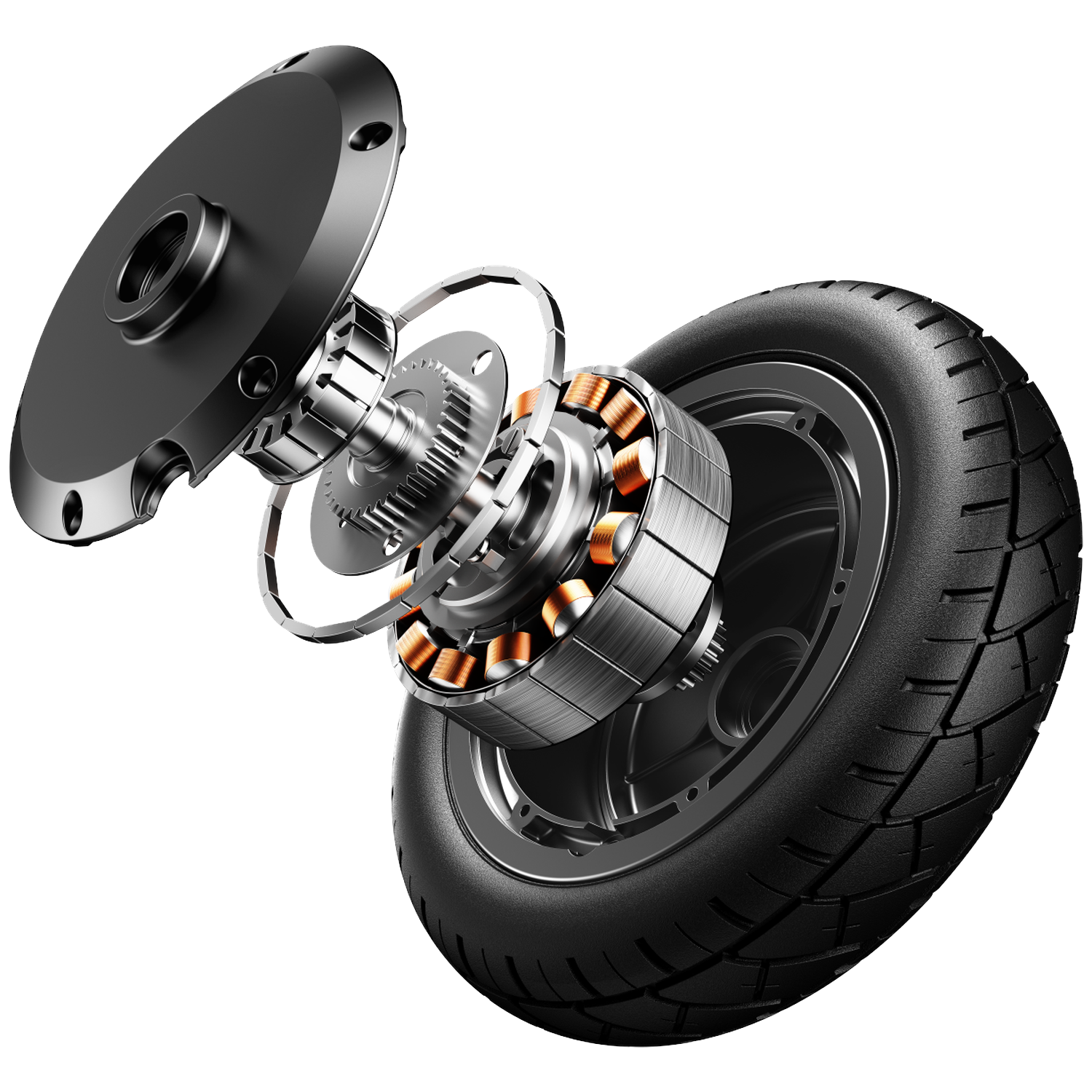 Exploded view van een elektromotor geïntegreerd in een wiel, met tandwielen en koperen spoelen.