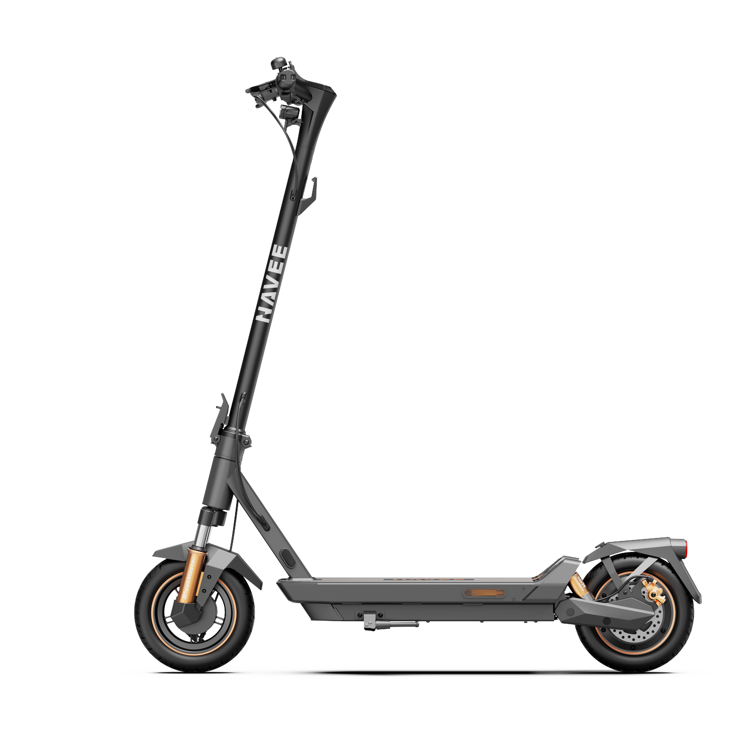 Grijze elektrische step met NAVEE-logo, gouden accenten en zwarte banden.