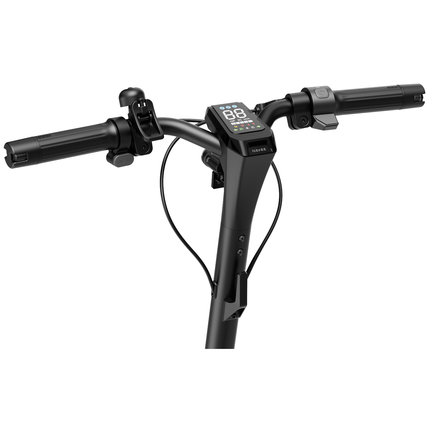 Stuur van een zwarte elektrische scooter met display en bel.