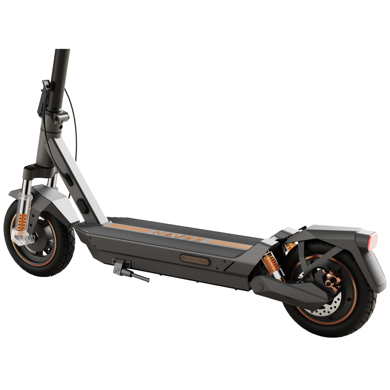 Een grijze elektrische scooter met oranje accenten en vering.