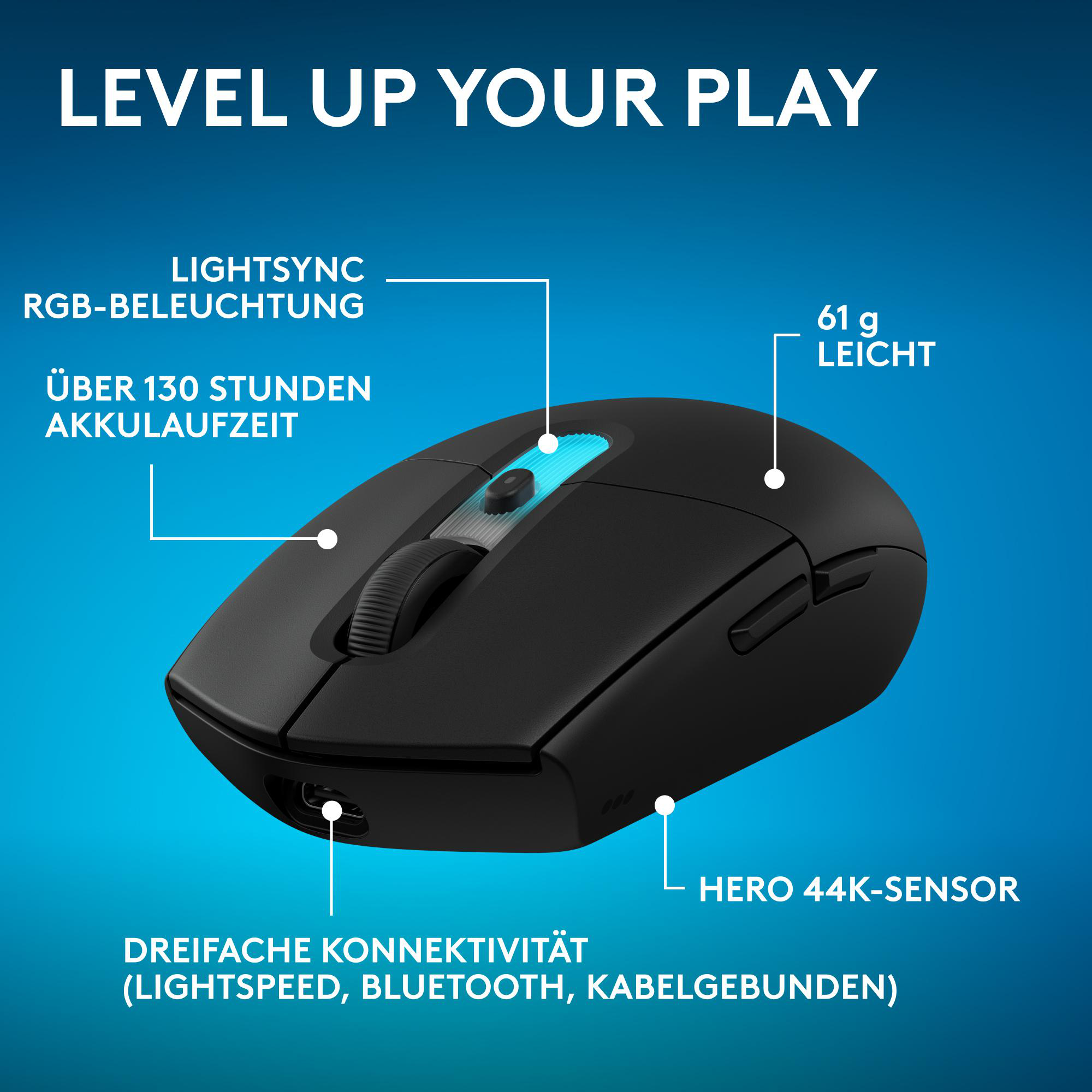 Schwarze Gaming-Maus mit RGB-Beleuchtung, 61g, 130h Akku, 3 Konnektivitäten.