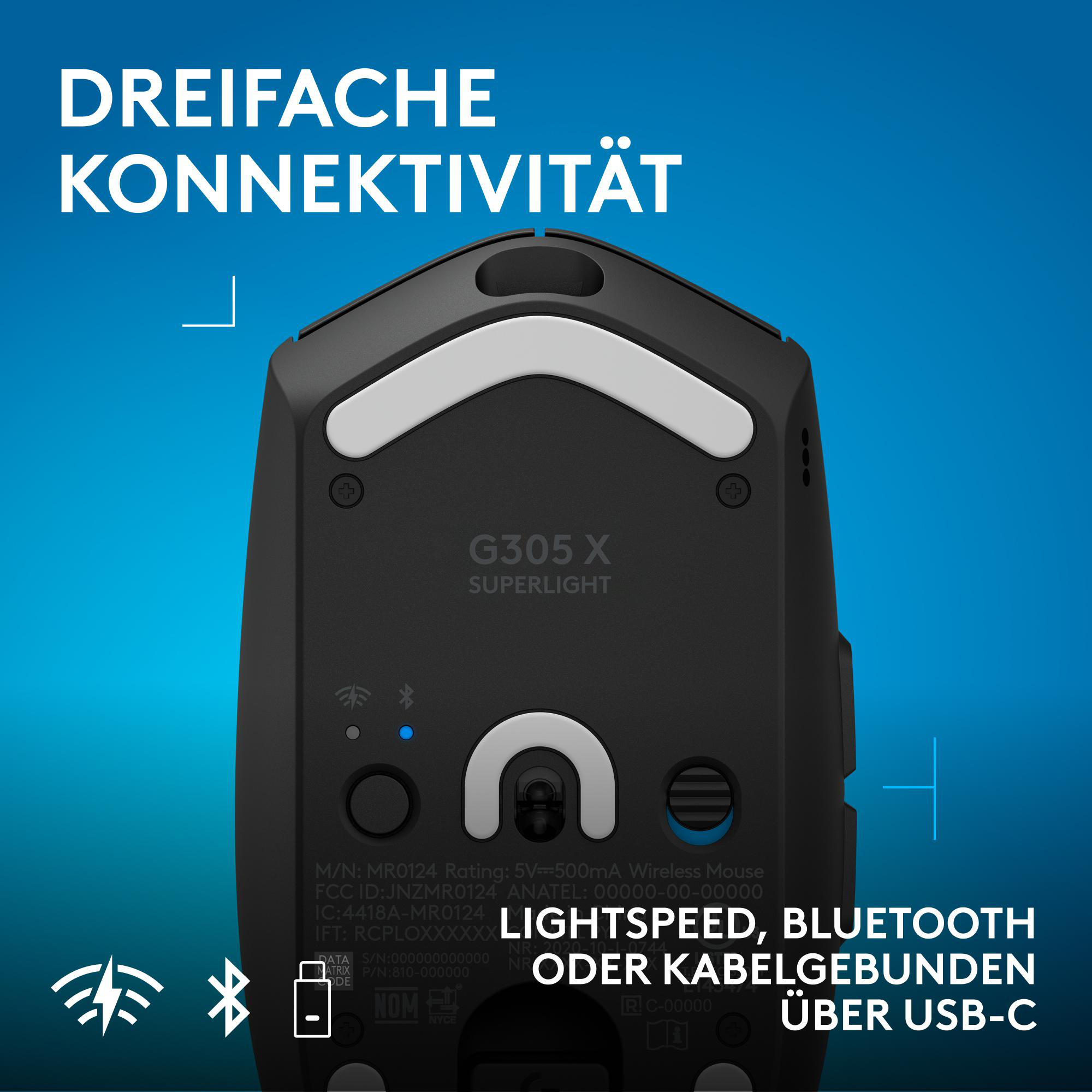 Unterseite einer schwarzen Logitech Maus mit "G305 X SUPERLIGHT" und Konnektivitätsoptionen.