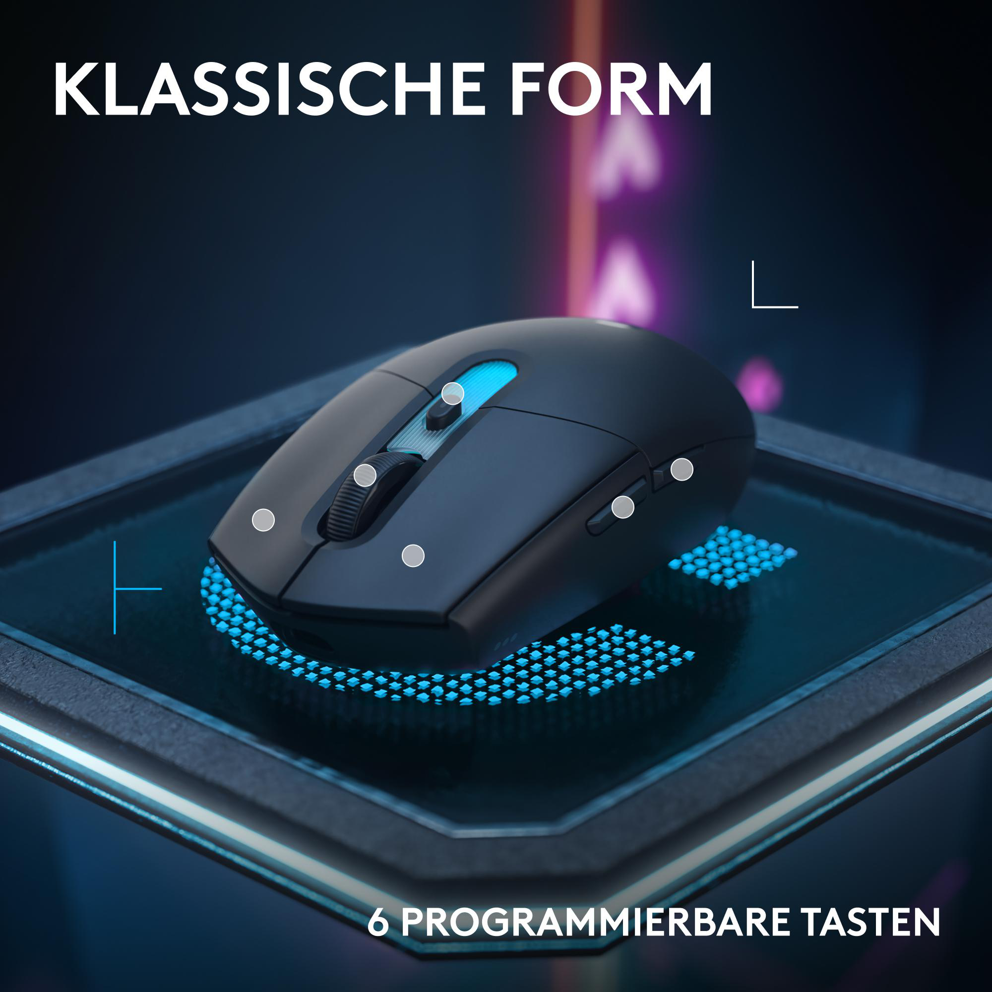 Schwarze Maus mit blauen Akzenten auf einem dunklen, futuristischen Hintergrund.
