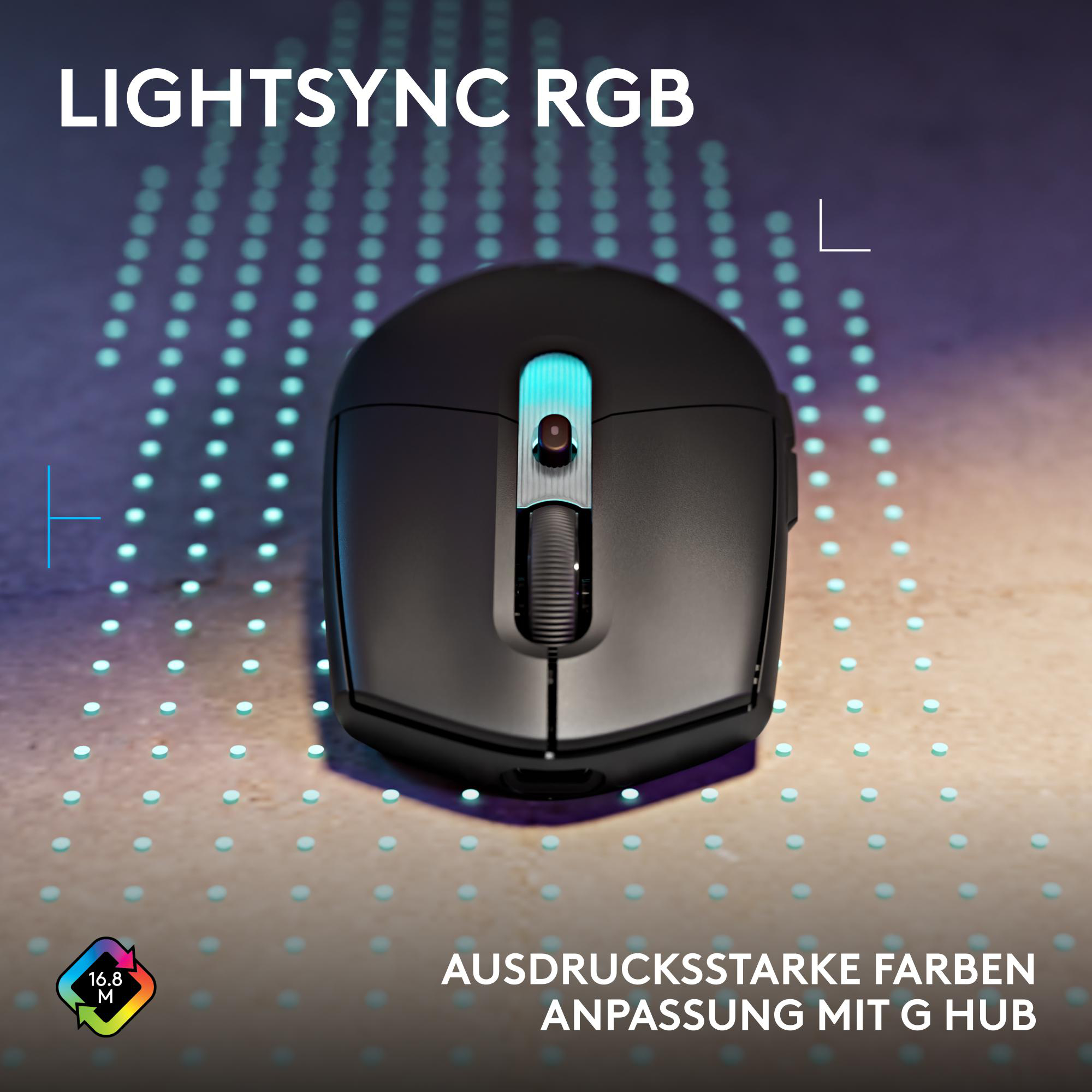Schwarze Gaming-Maus mit RGB-Beleuchtung und leuchtenden Punkten.