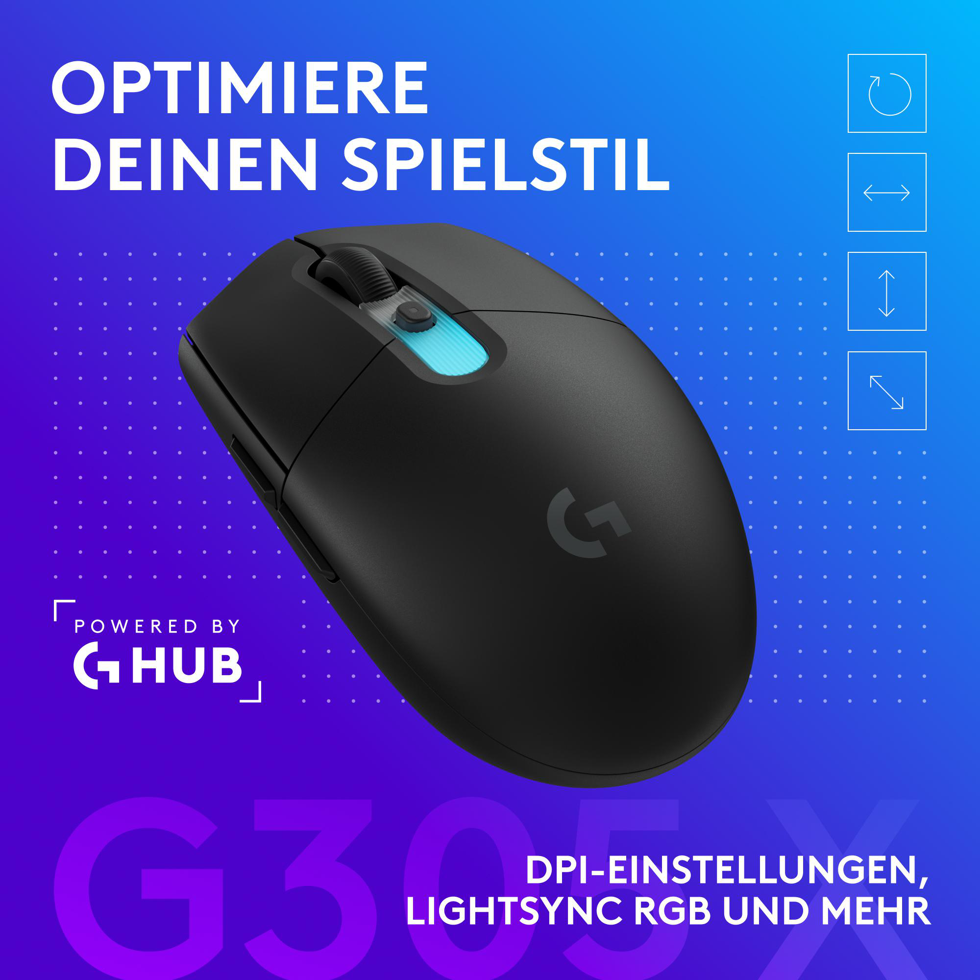 Schwarze Gaming-Maus mit blauem Rad und G-Logo. Text: OPTIMIERE DEINEN SPIELSTIL.