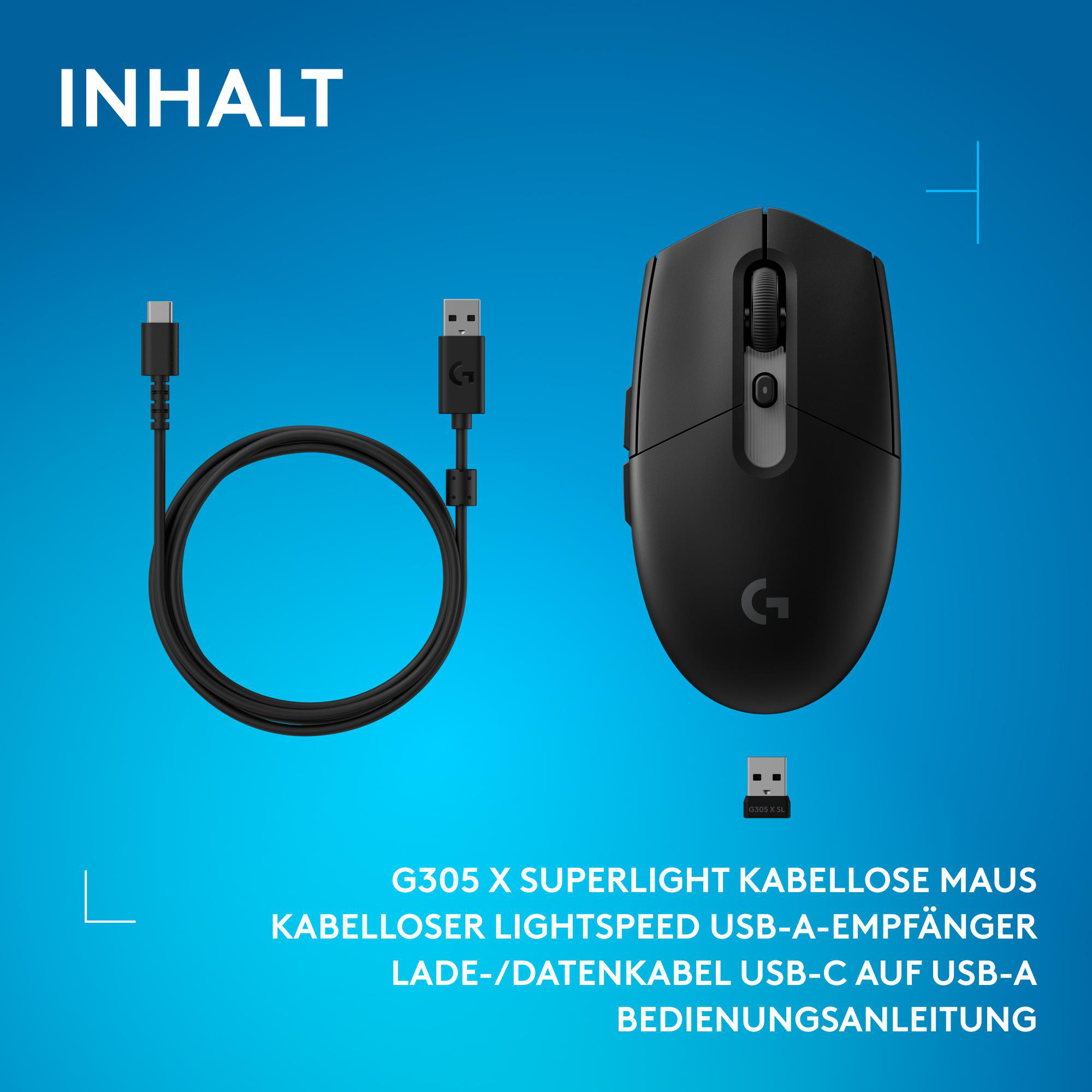 Schwarze kabellose Maus, Kabel, USB-Empfänger und Anleitung auf blauem Grund.