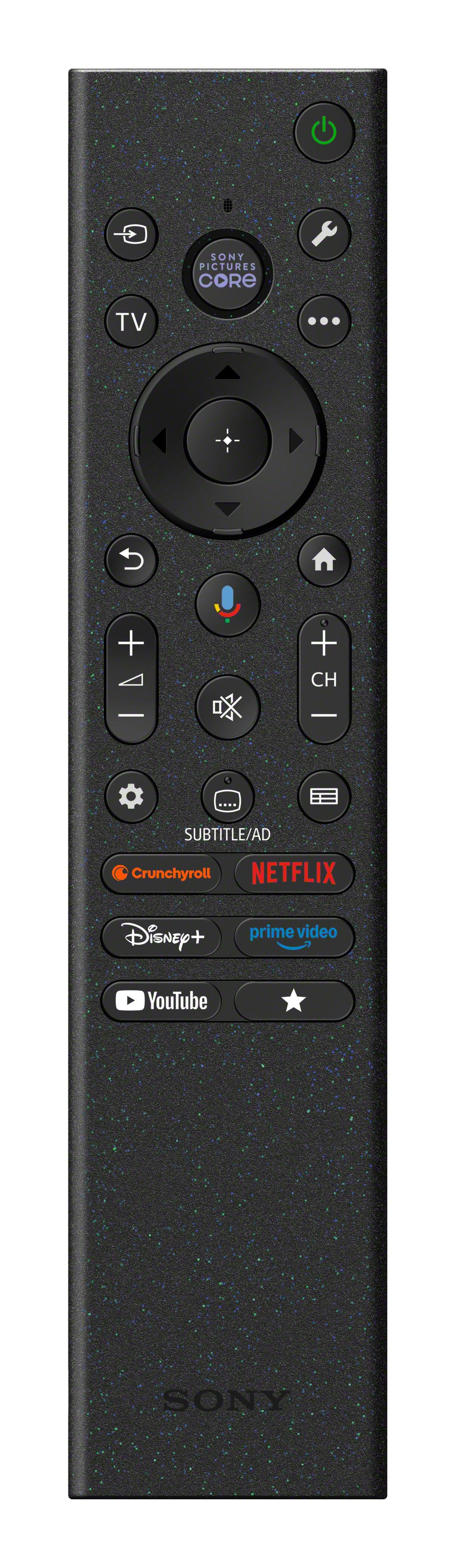 Czarny pilot z kolorowymi plamkami i przyciskami do aplikacji takich jak Netflix.