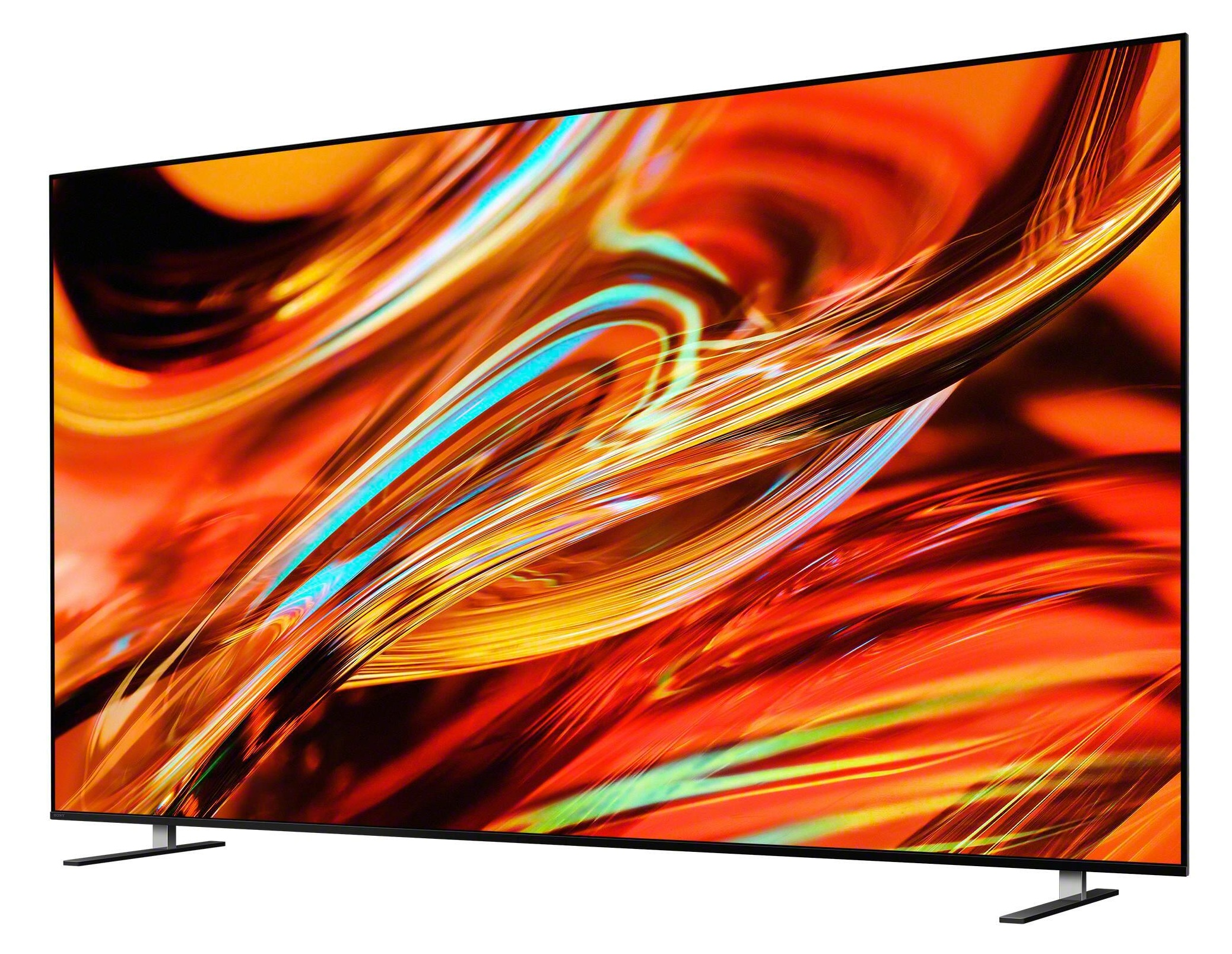 Nowoczesny telewizor z abstrakcyjnym, pomarańczowo-niebieskim ekranem.