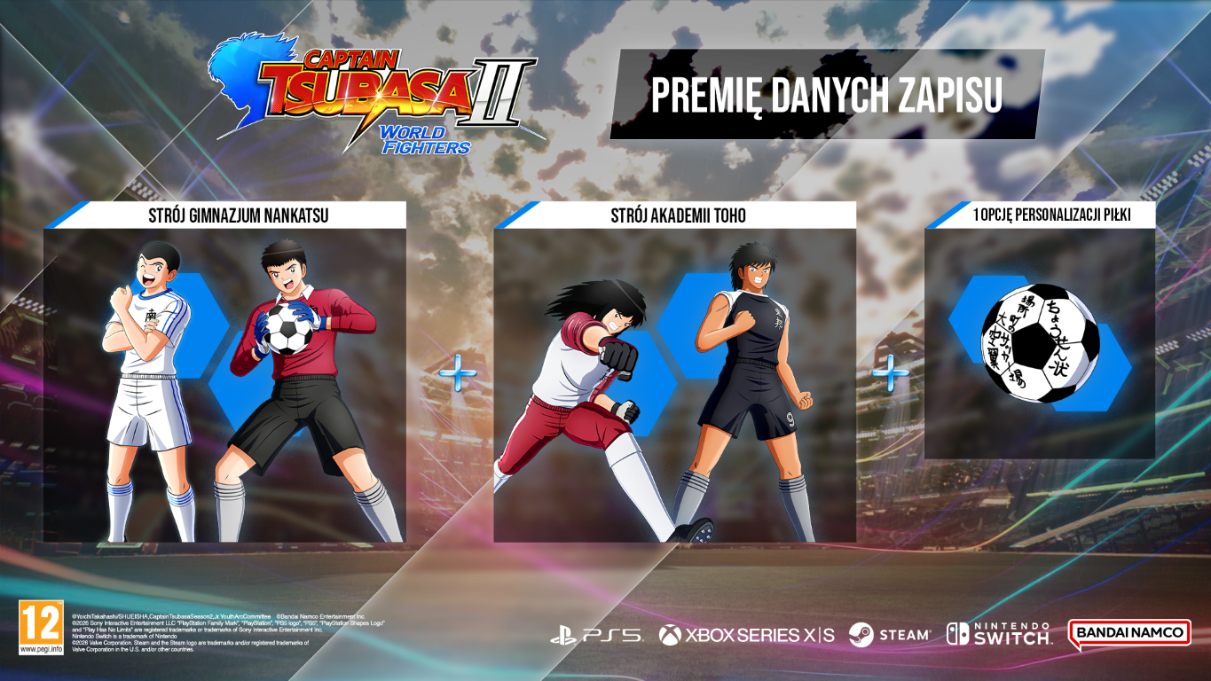 Menu Captain Tsubasa: World Fighters z kostiumami postaci i wzorem piłki.