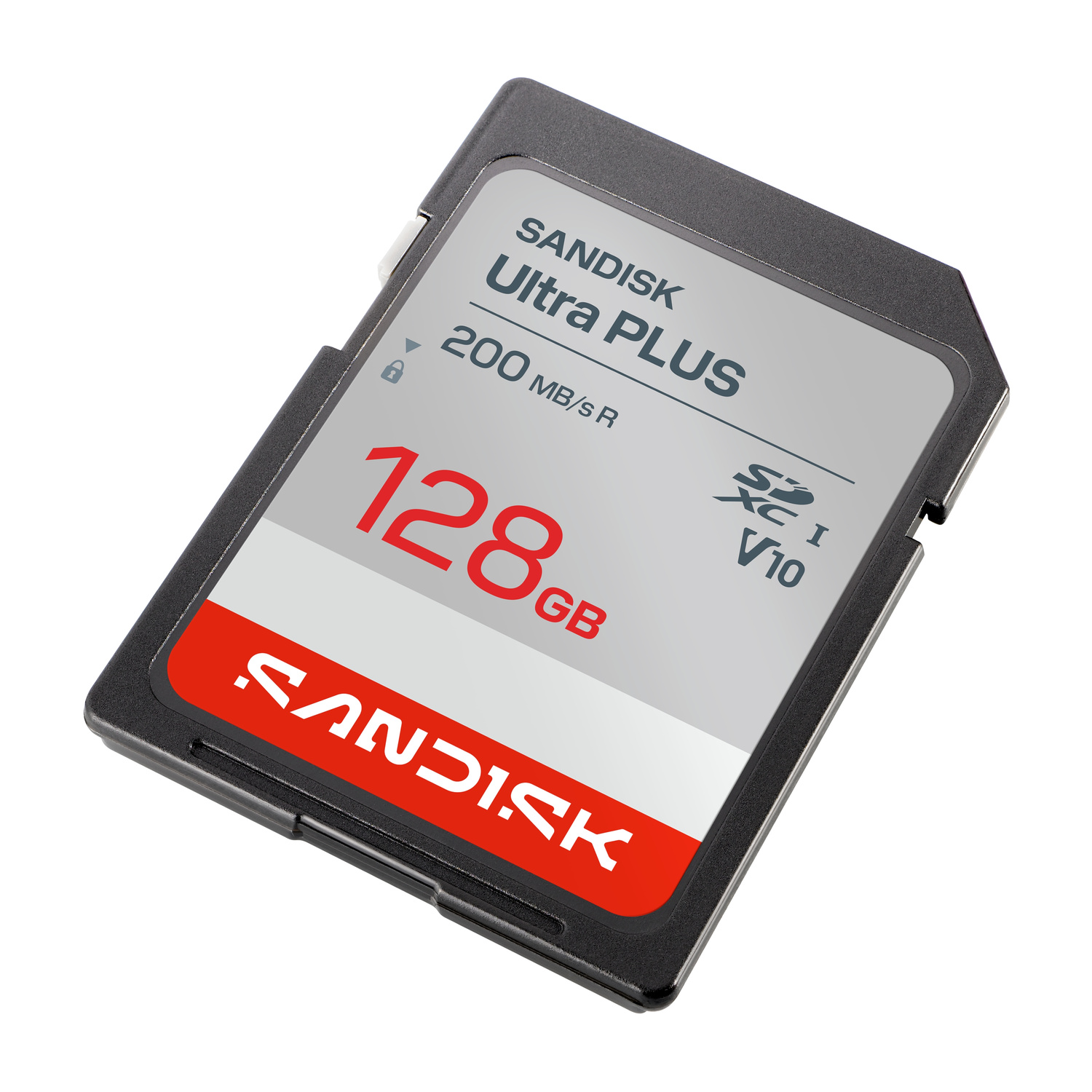Scheda di memoria Sandisk 128GB Ultra PLUS SDXC con velocità 200MB/s.