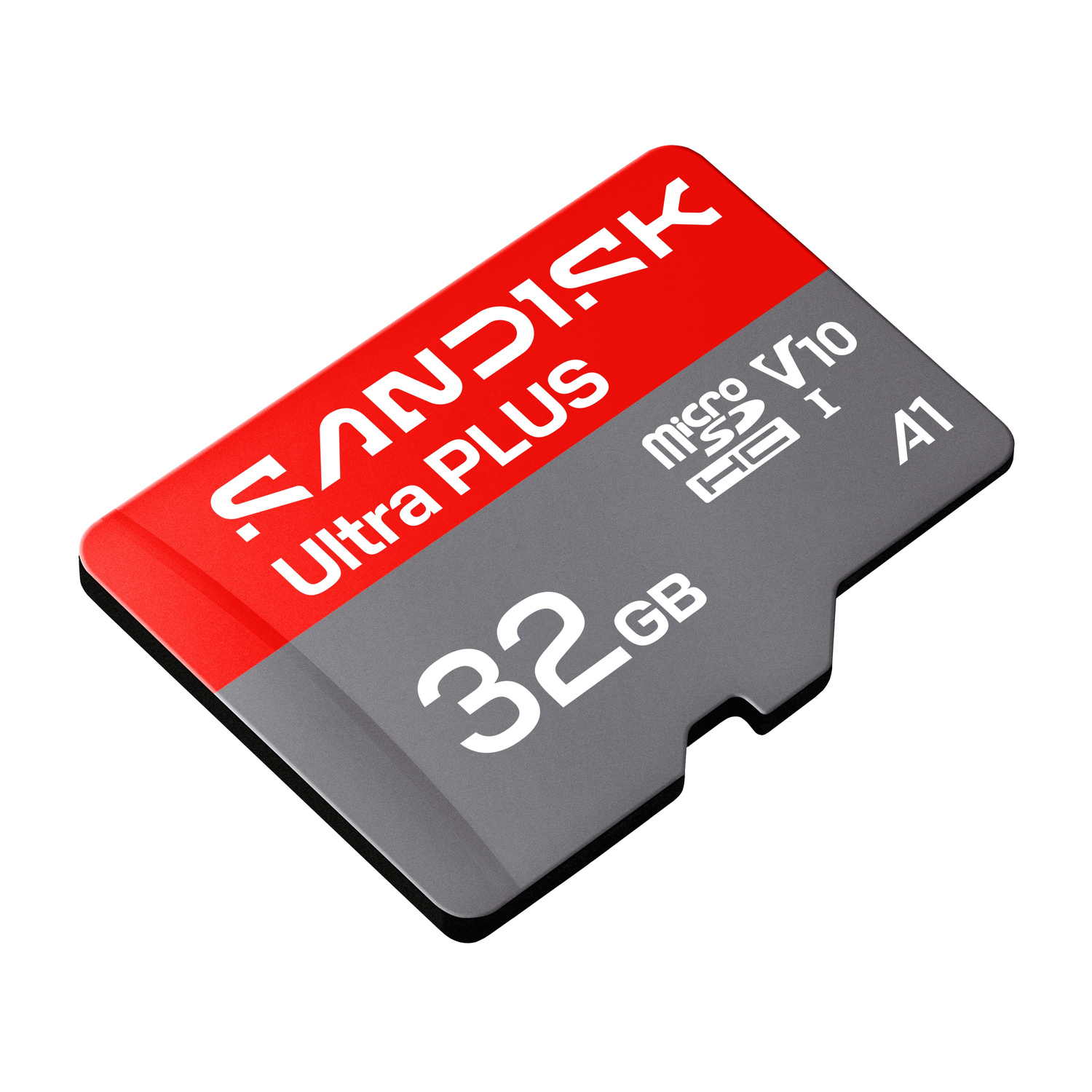 Scheda MicroSD SanDisk 32GB rossa e grigia con marchio Ultra PLUS.