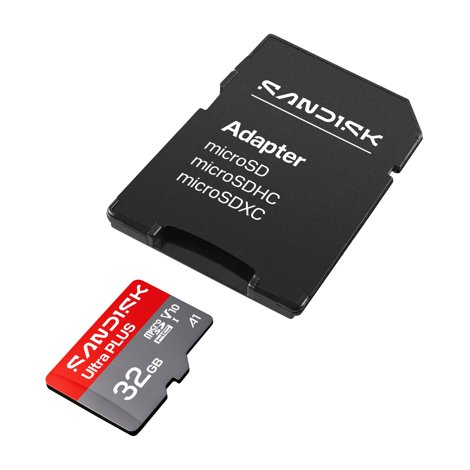 Un adattatore per scheda SD nero e una scheda microSD da 32 GB Sandisk.
