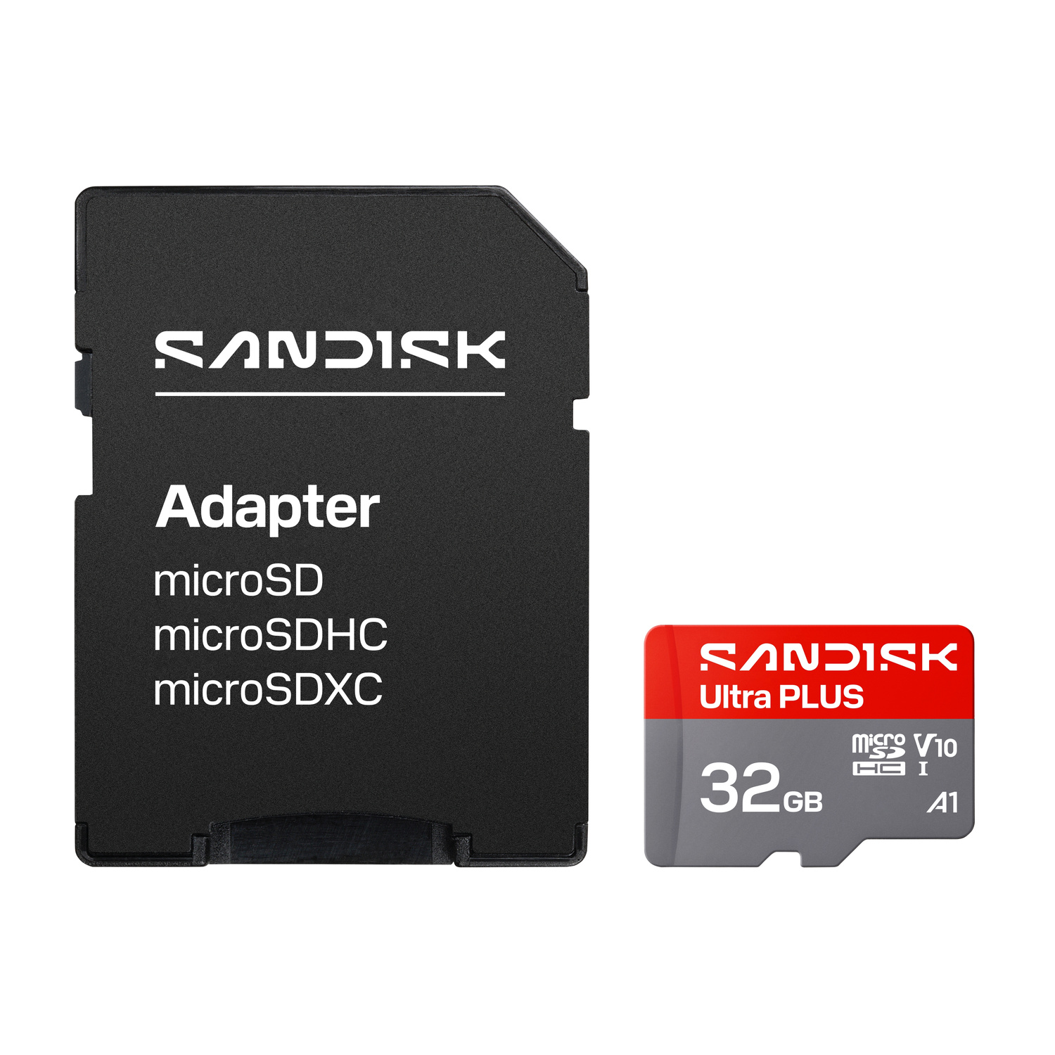 Un adattatore per scheda SD nero e una scheda microSD SanDisk rossa e grigia da 32 GB.