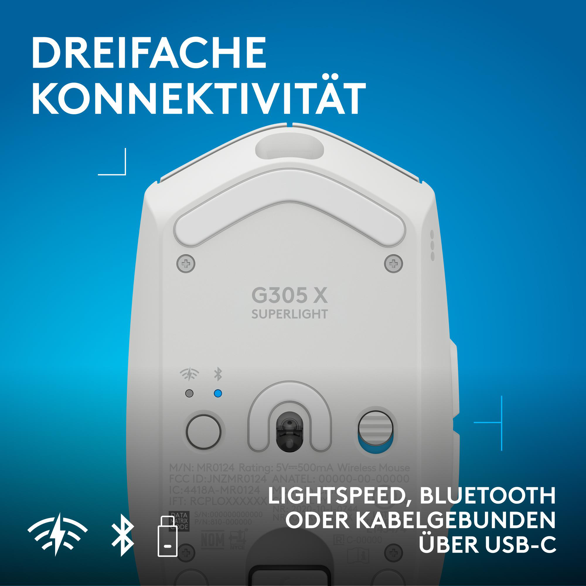 Weiße Gaming-Maus mit Aufschrift 'G305 X SUPERLIGHT' und Konnektivitätsoptionen.