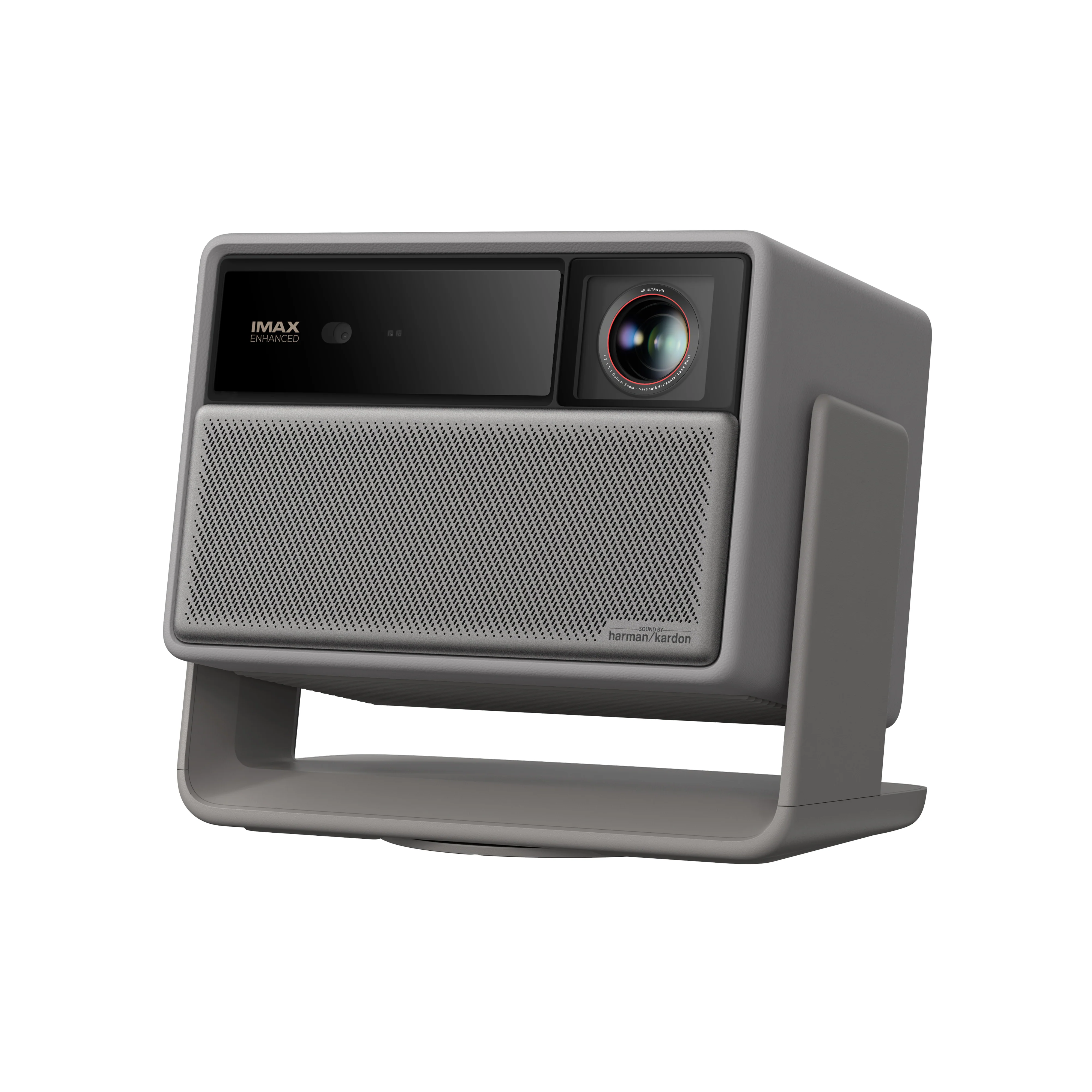 Szürke projektor IMAX Enhanced logóval, lencsével és Harman Kardon hangszóróval.