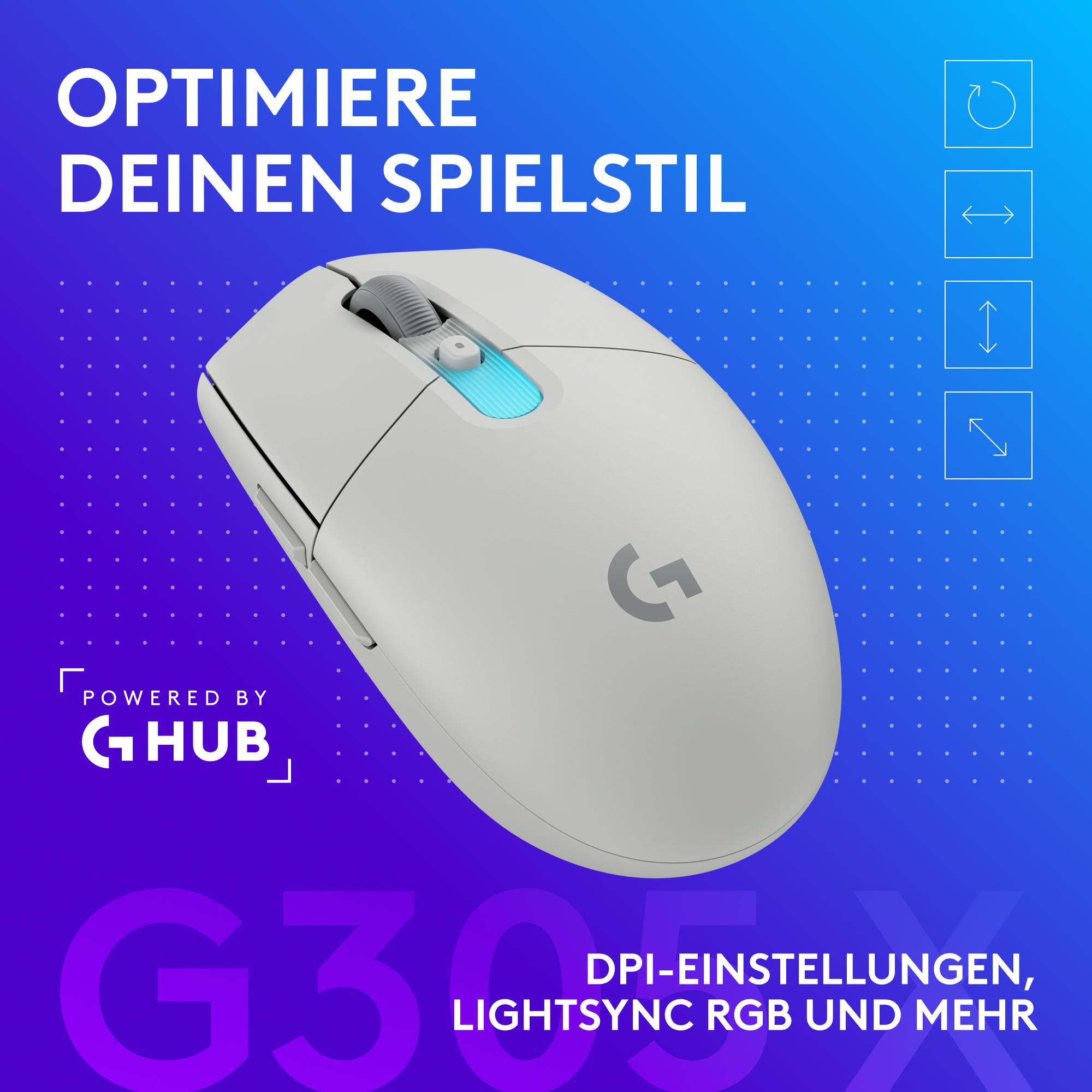 Weiße Gaming-Maus mit blauem Licht, Logitech G HUB Logo und Text.