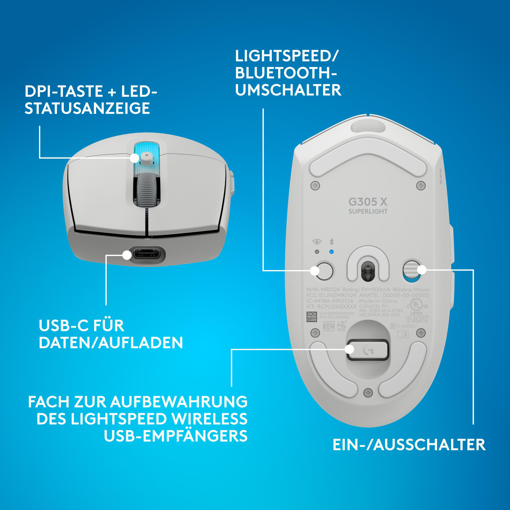 Weiße kabellose Maus mit USB-C-Anschluss, DPI-Taste und Ein-/Ausschalter.
