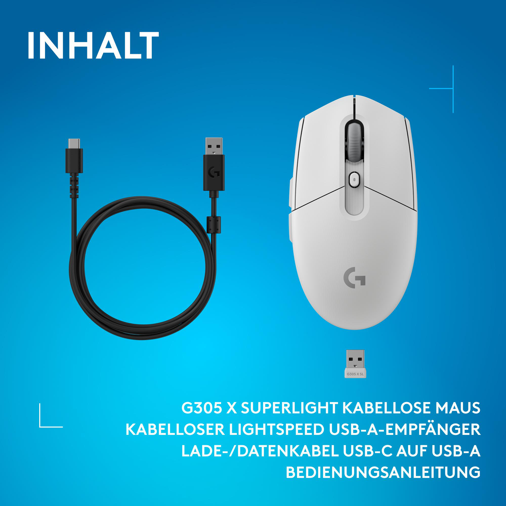 Weiße Logitech G Maus, Ladekabel und USB-Empfänger auf blauem Grund.