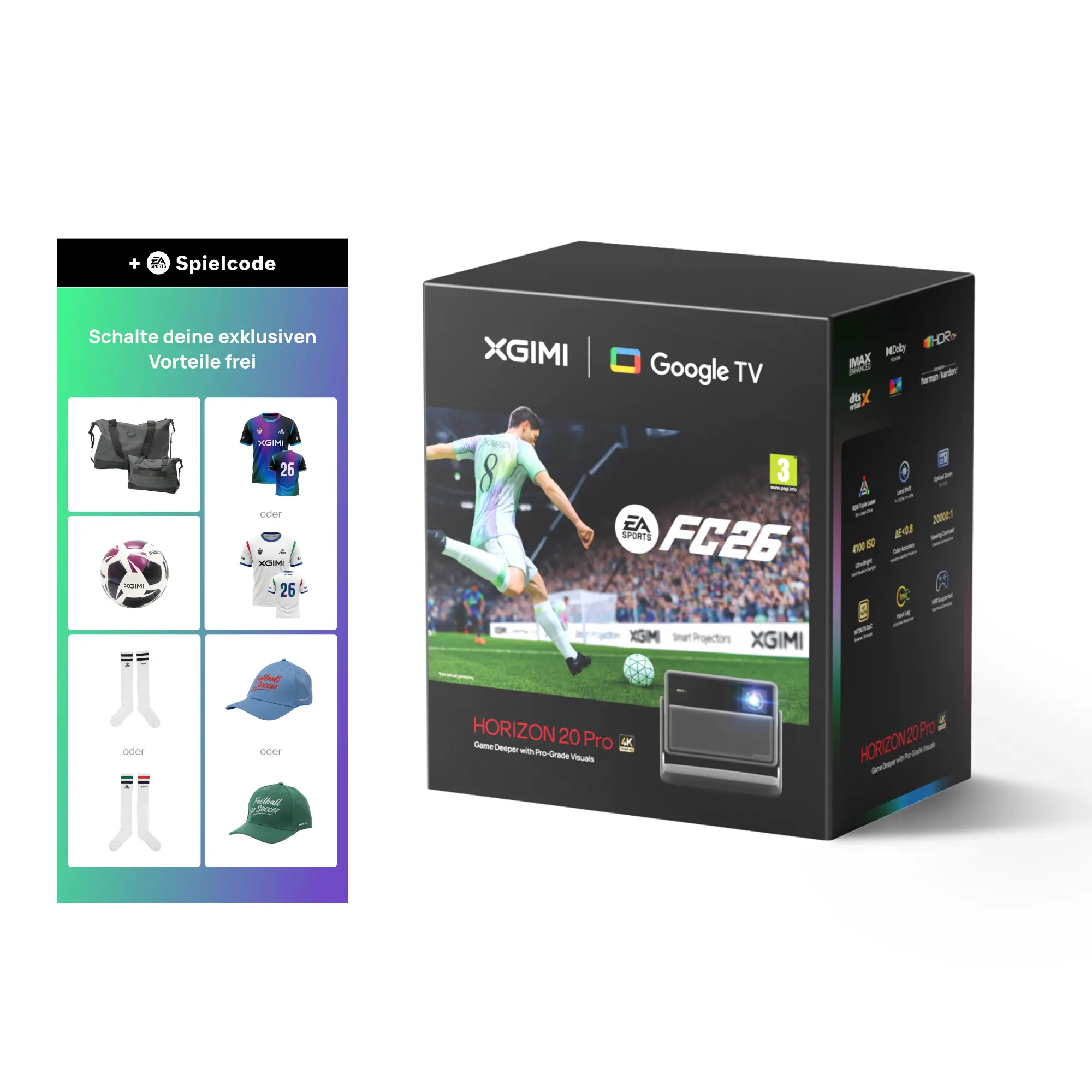 XGIMI Horizon Pro termékdoboz futball-ajándéktárgyakkal és játékkód-ajánlattal.