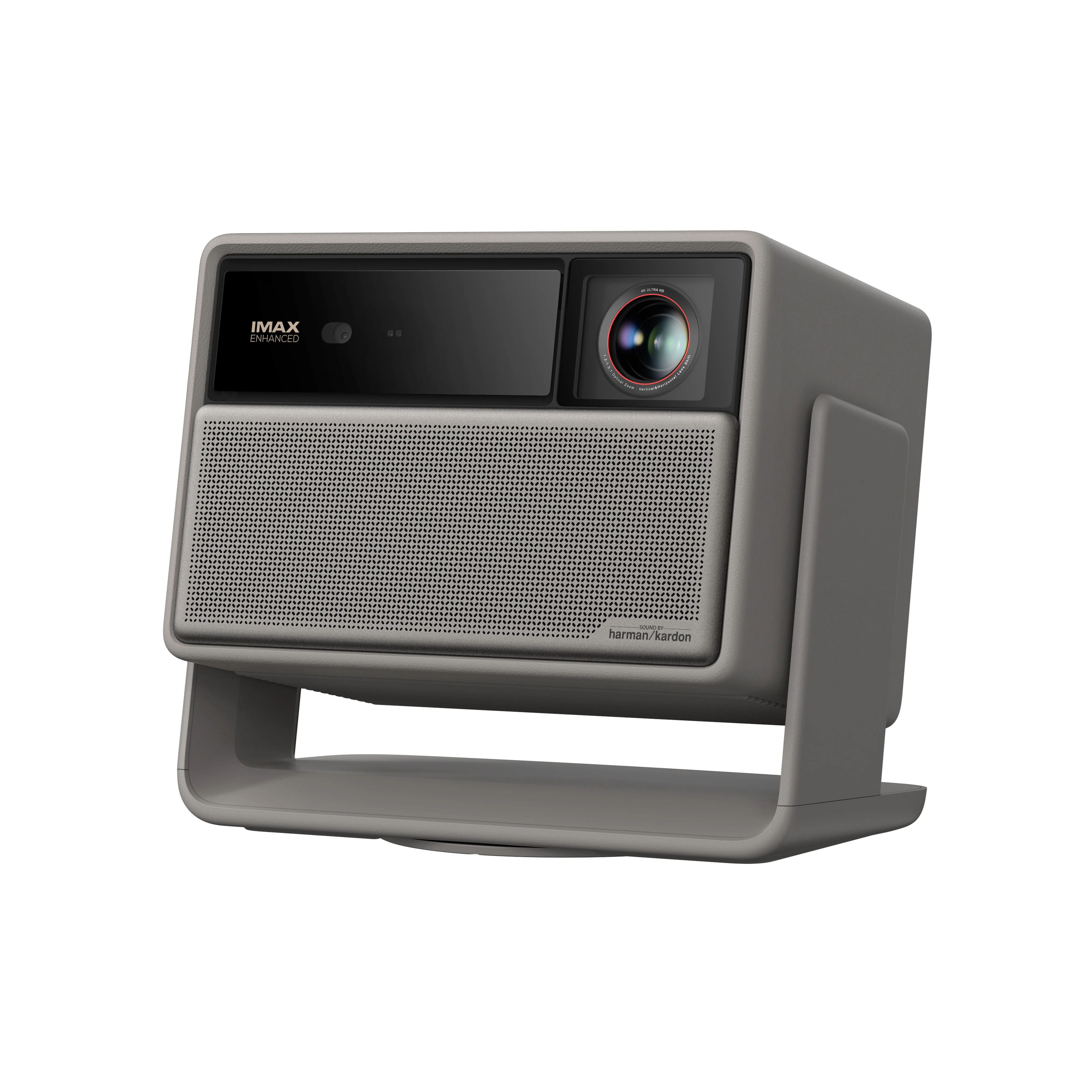Szürke projektor IMAX Enhanced logóval, lencsével és Harman Kardon hangszóróval.