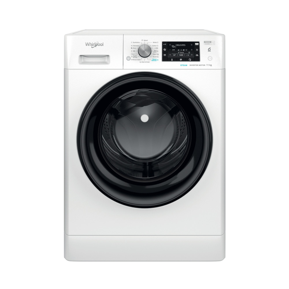 Fehér Whirlpool elöltöltős mosógép fekete ajtóval és kezelőpanellel.