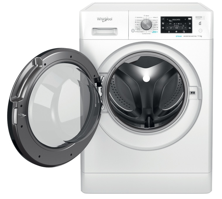 Fehér Whirlpool elöltöltős mosógép, nyitott ajtóval.