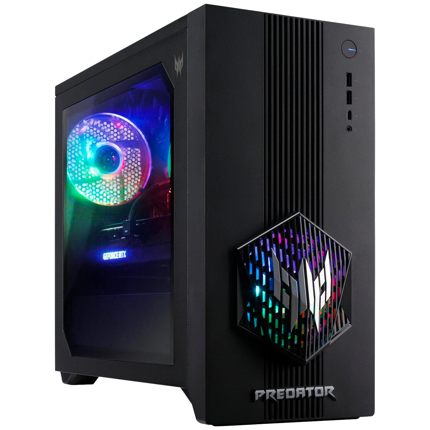 PC gamer noir avec éclairage RGB, panneau latéral en verre et logo Predator.