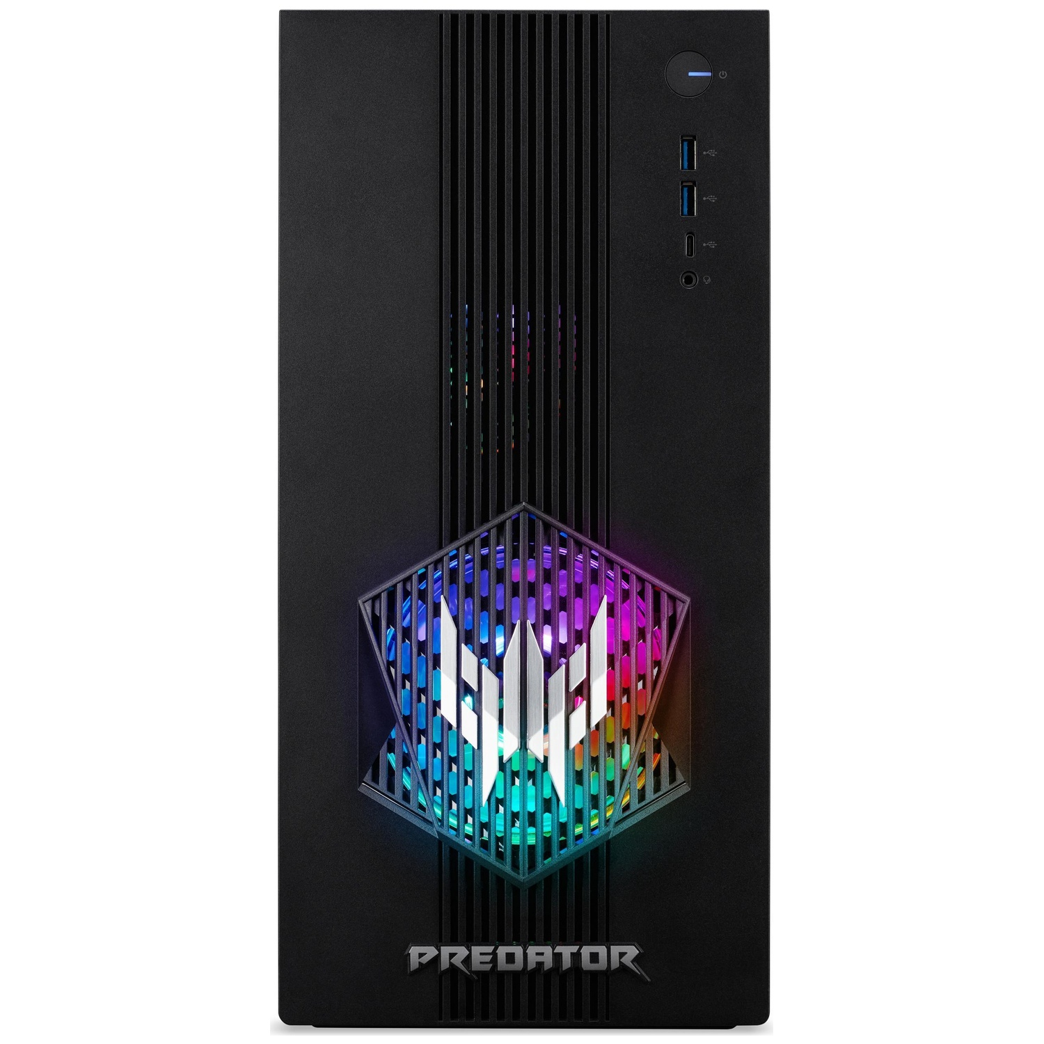 PC gamer noir avec logo Predator illuminé et ventilateurs RGB.