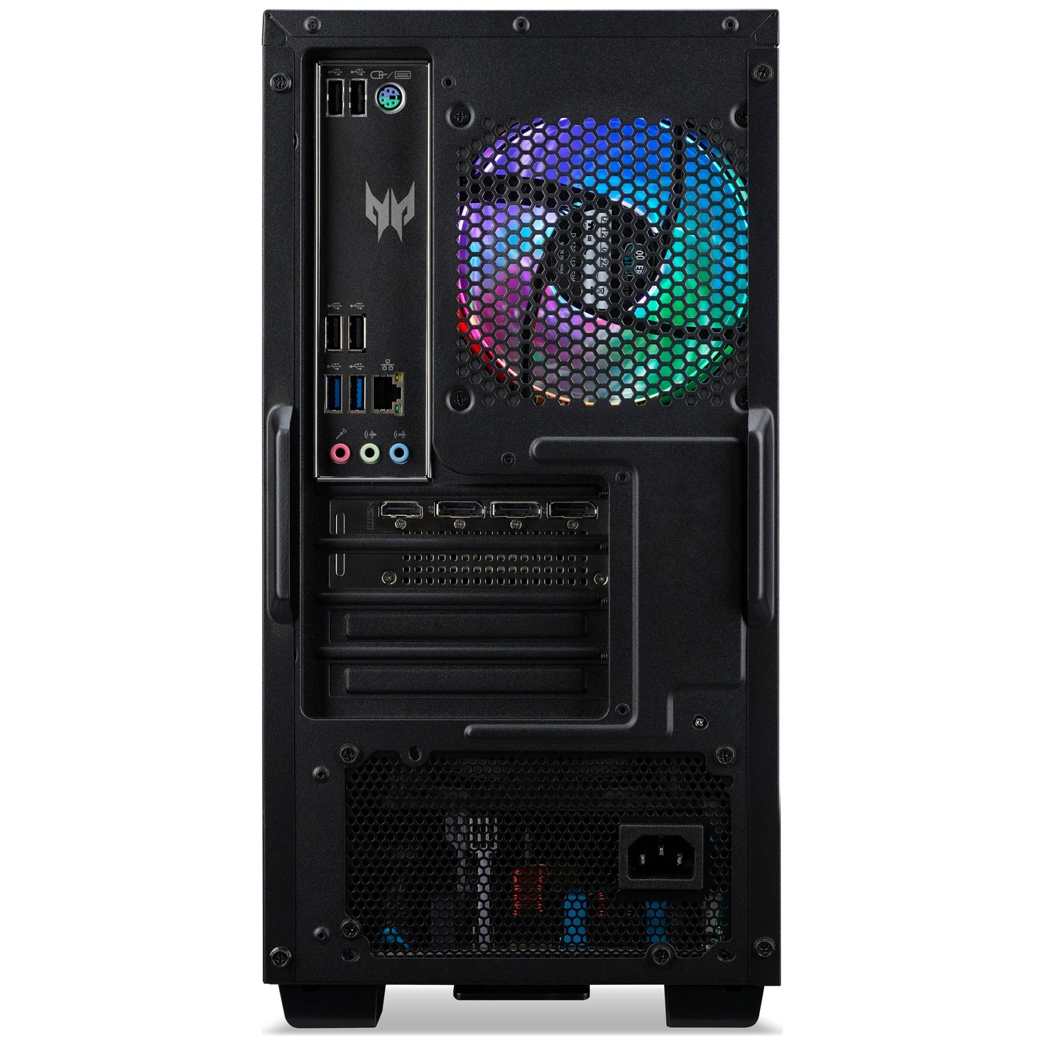 Arrière d'un boîtier d'ordinateur noir avec ventilateur, ports et bloc d'alimentation.