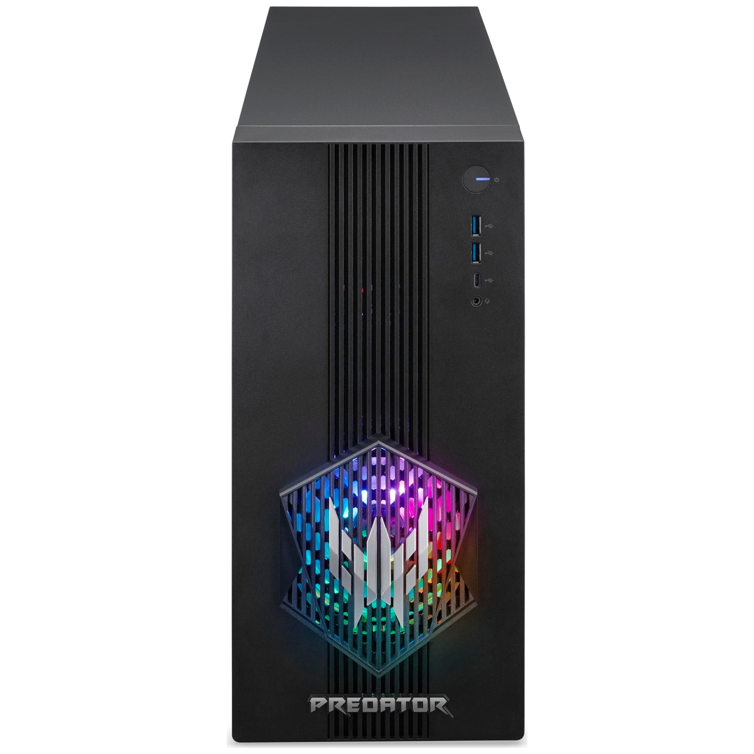 PC gamer noir avec logo Predator éclairé et ports USB.