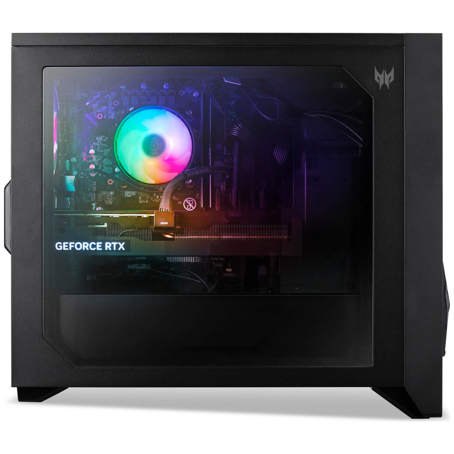 Un boîtier PC noir avec une fenêtre transparente montrant des composants internes éclairés.