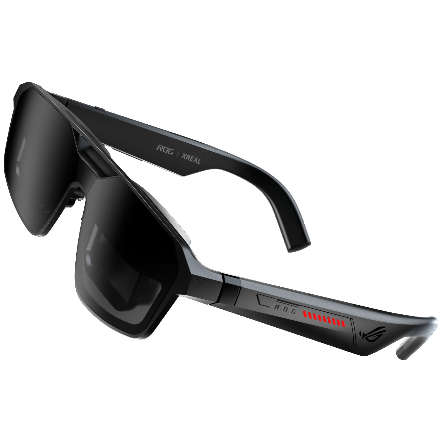 Black futuristic glasses with ROG branding and red LED indicator.