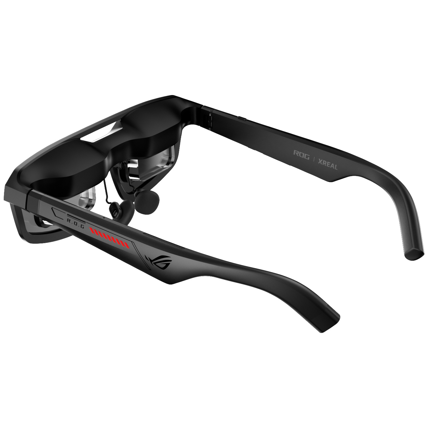 Black augmented reality glasses with ROG and XREAL logos, red accents.