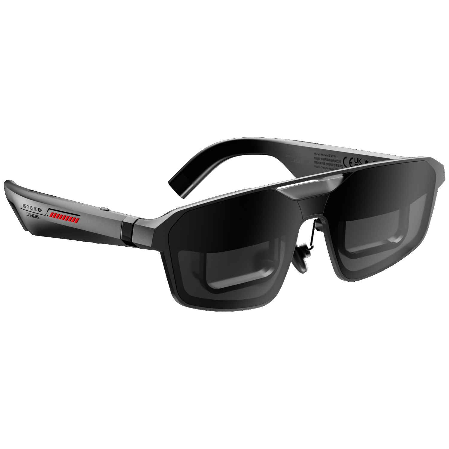 Black gaming glasses with "Republic of Gamers" logo and red LED display.