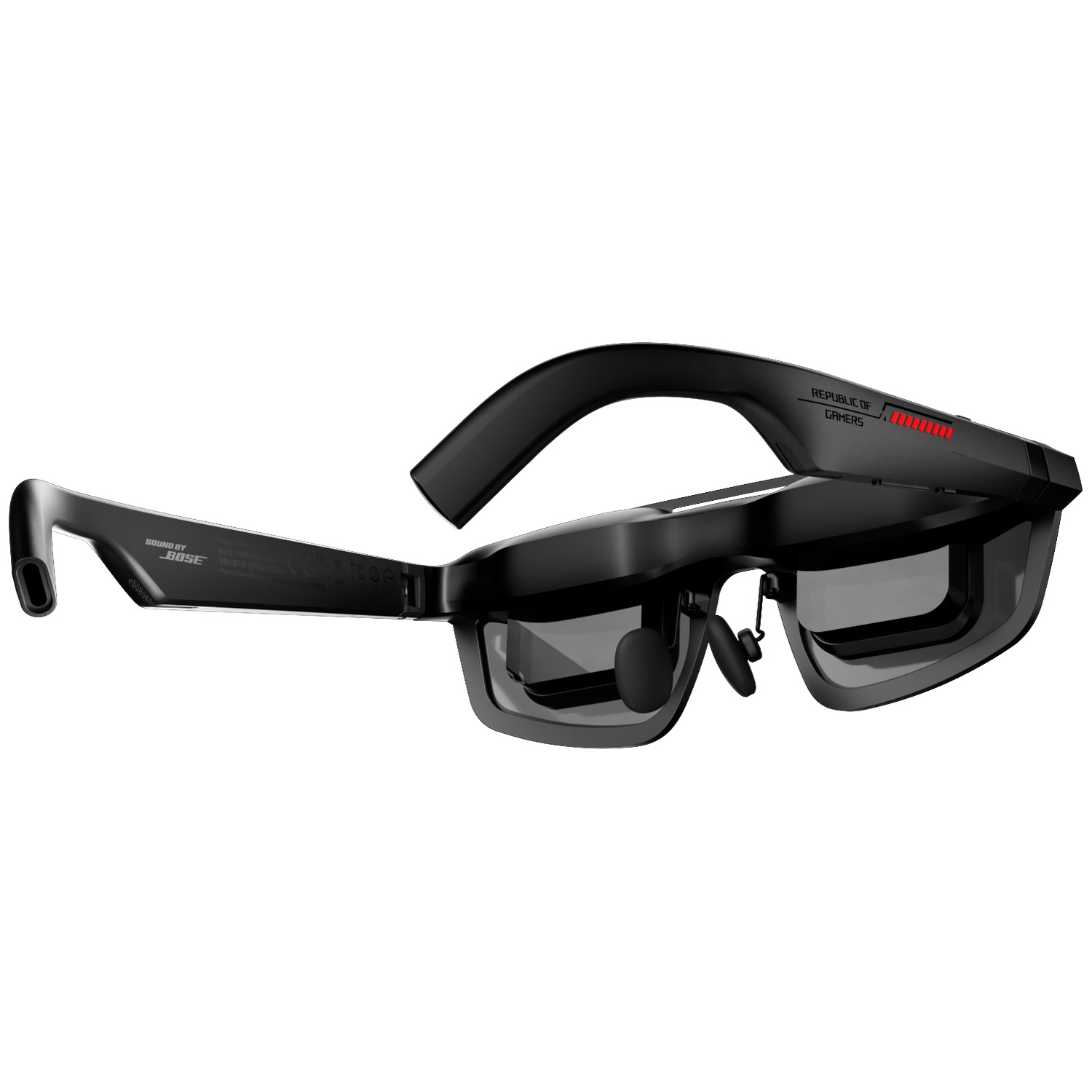 Black AR glasses with red LED indicators and 'Republic of Gamers' logo.