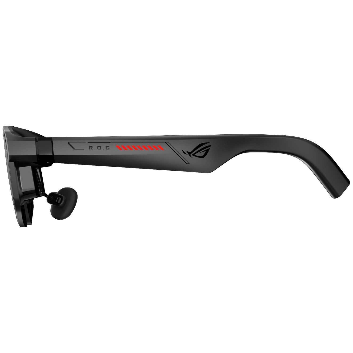 Black smart glasses with ROG logo and red accents. Side view.