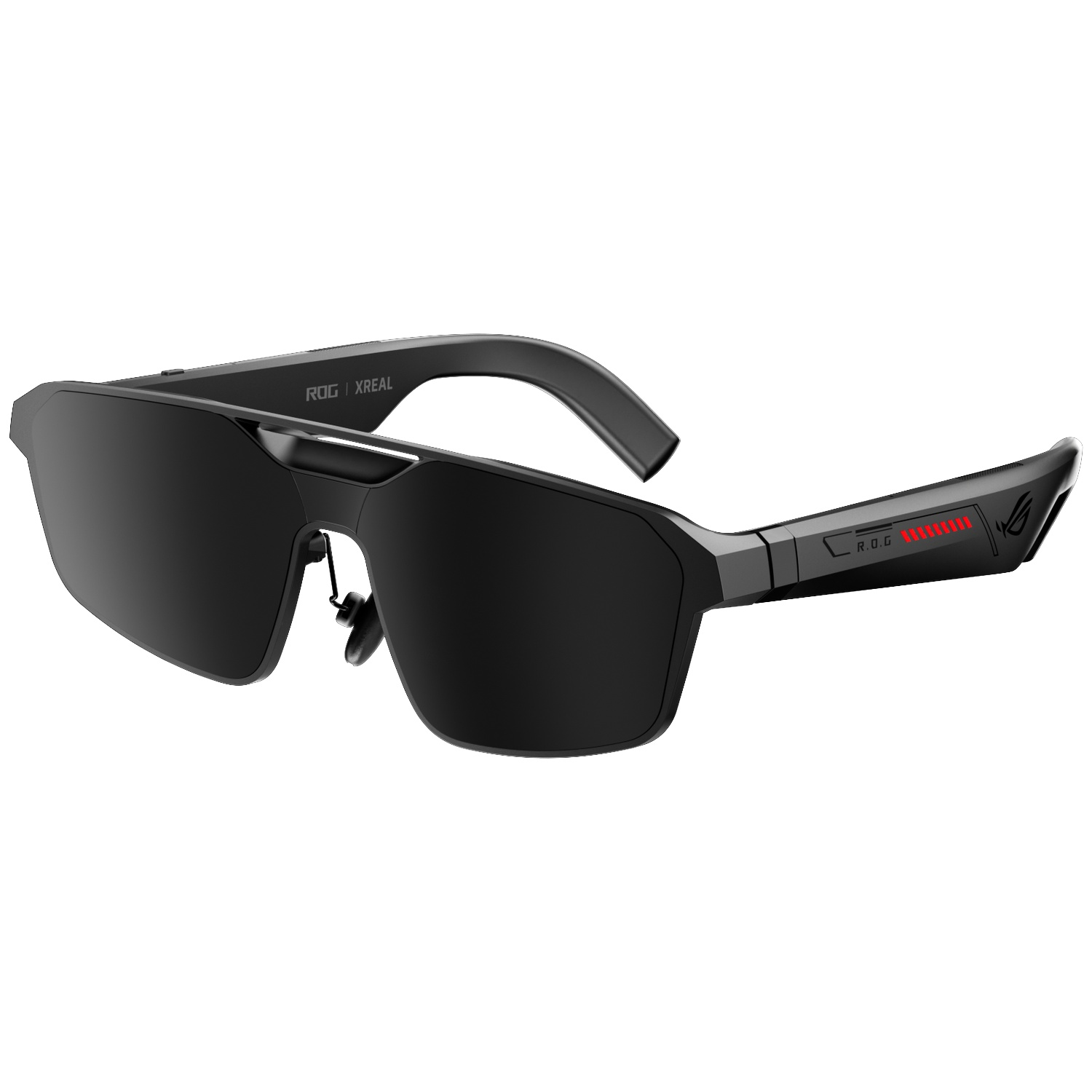 Black glasses with ROG XREAL branding and red accents on the arm.