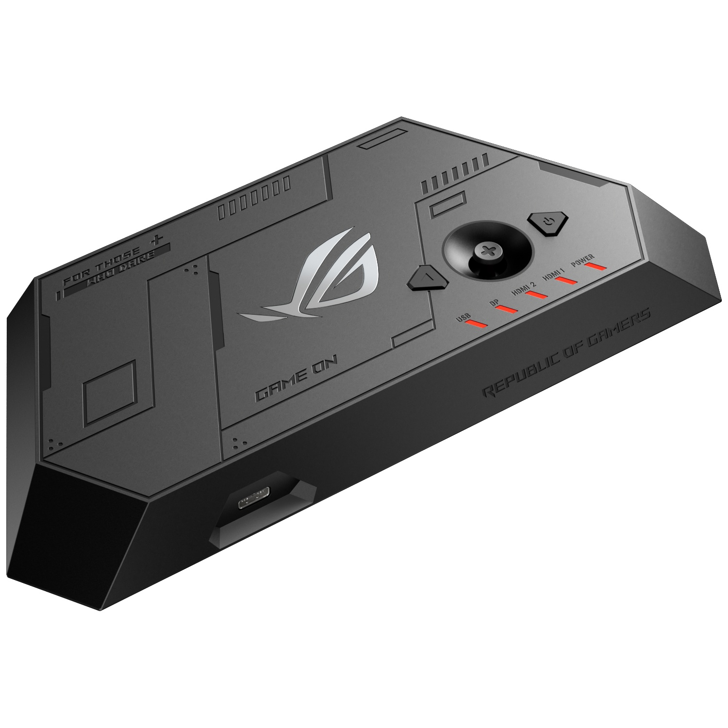 Black gaming device with ROG logo, buttons, and red LED indicators.