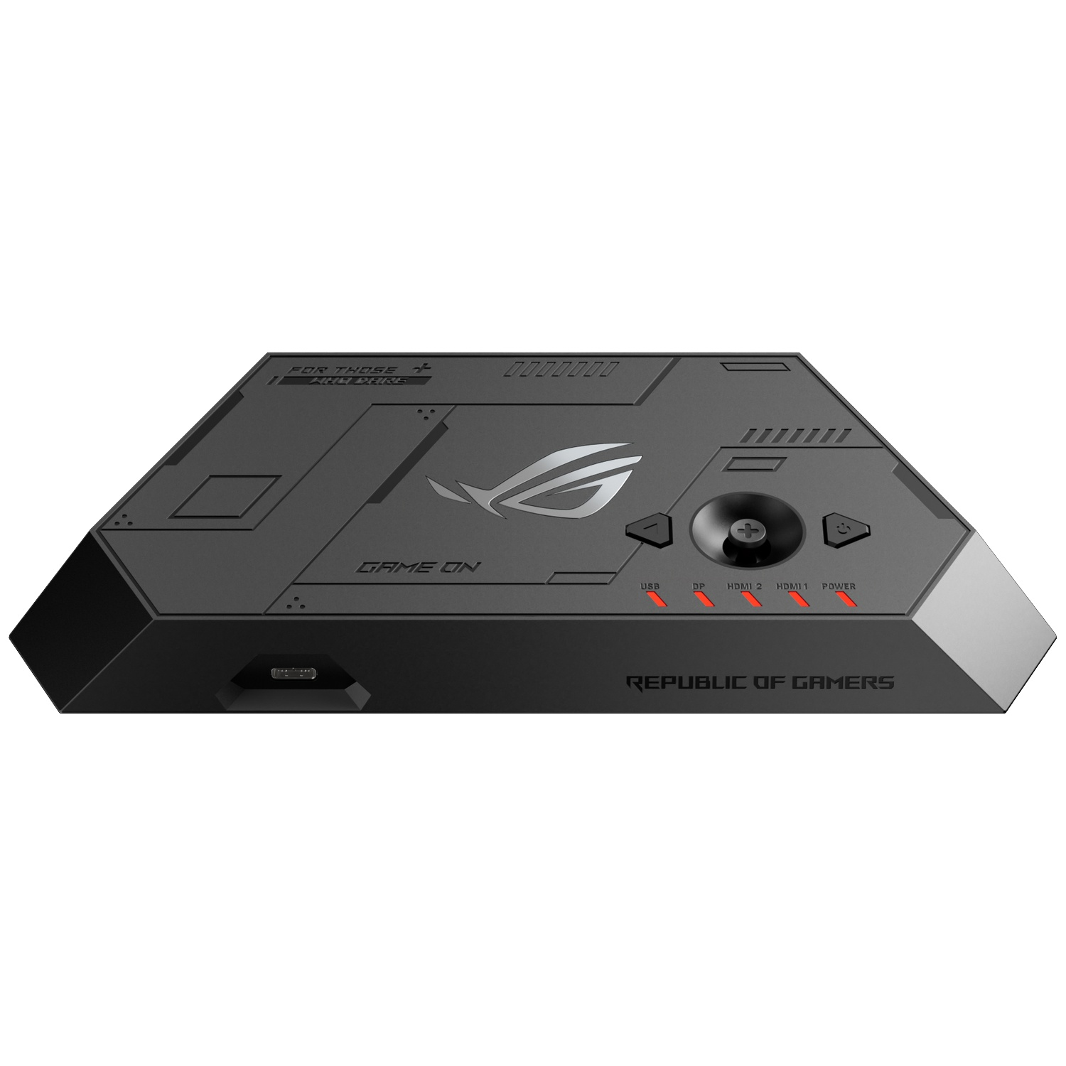 Black ROG gaming device with 'GAME ON' text and illuminated ports.