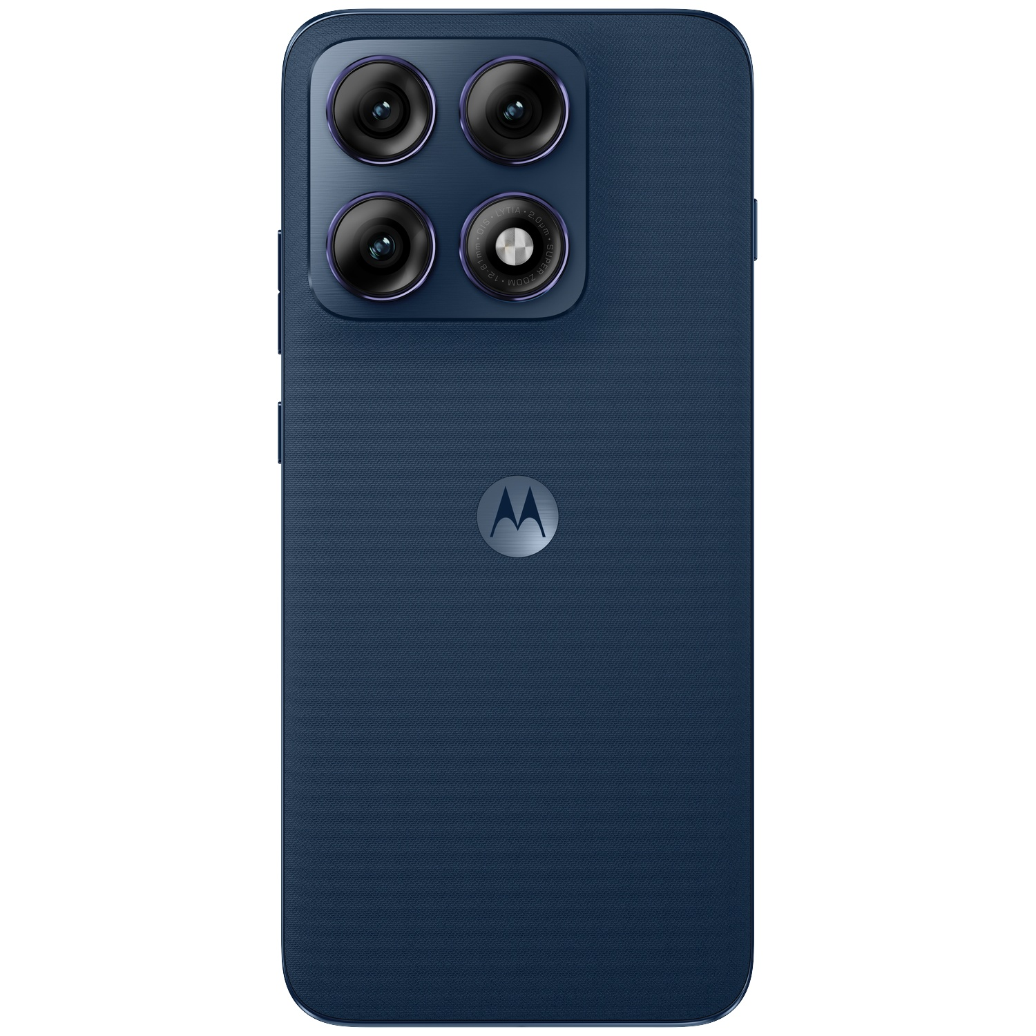 Dos d'un smartphone bleu foncé avec quatre caméras et le logo Motorola.