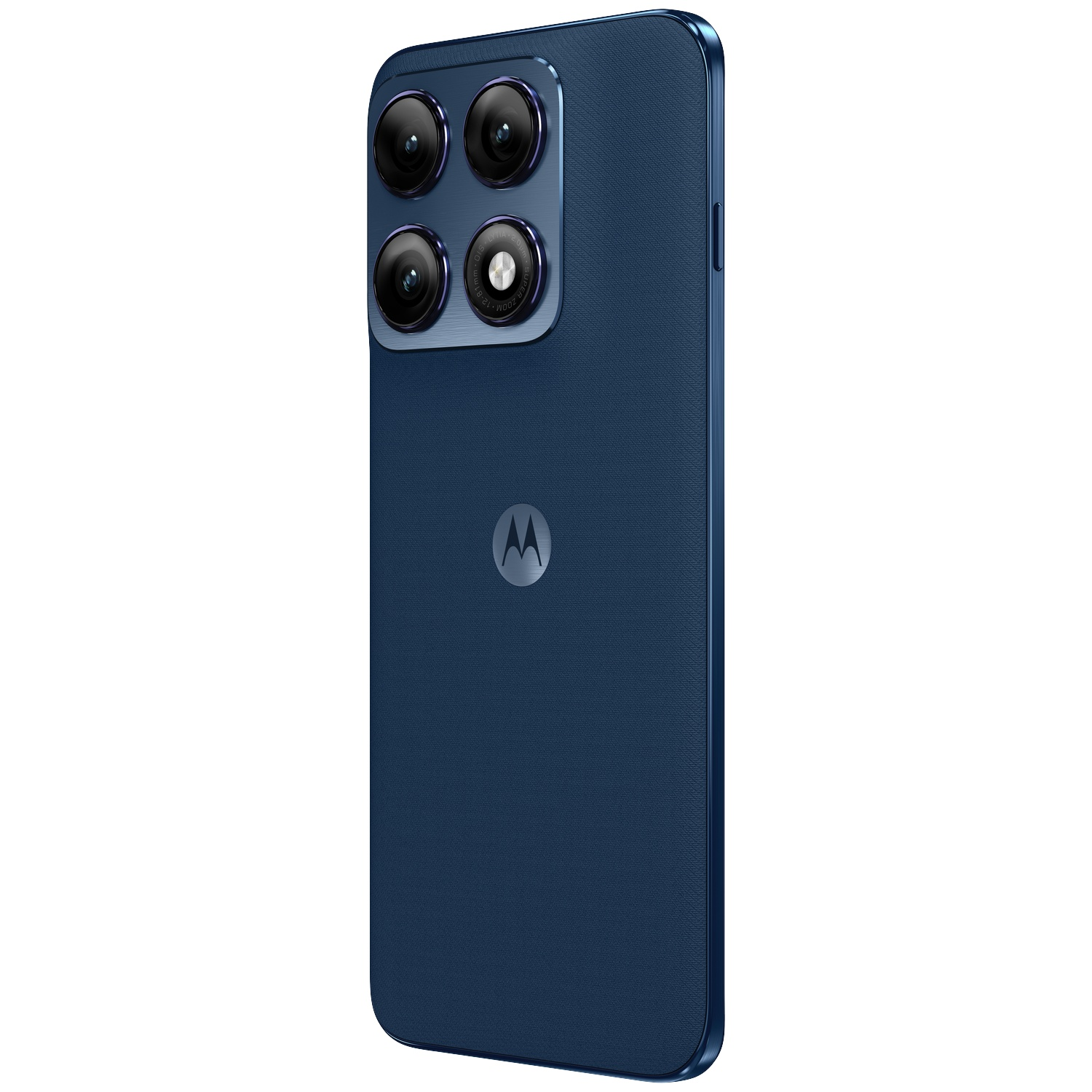 Smartphone bleu foncé avec quatre caméras et logo Motorola.